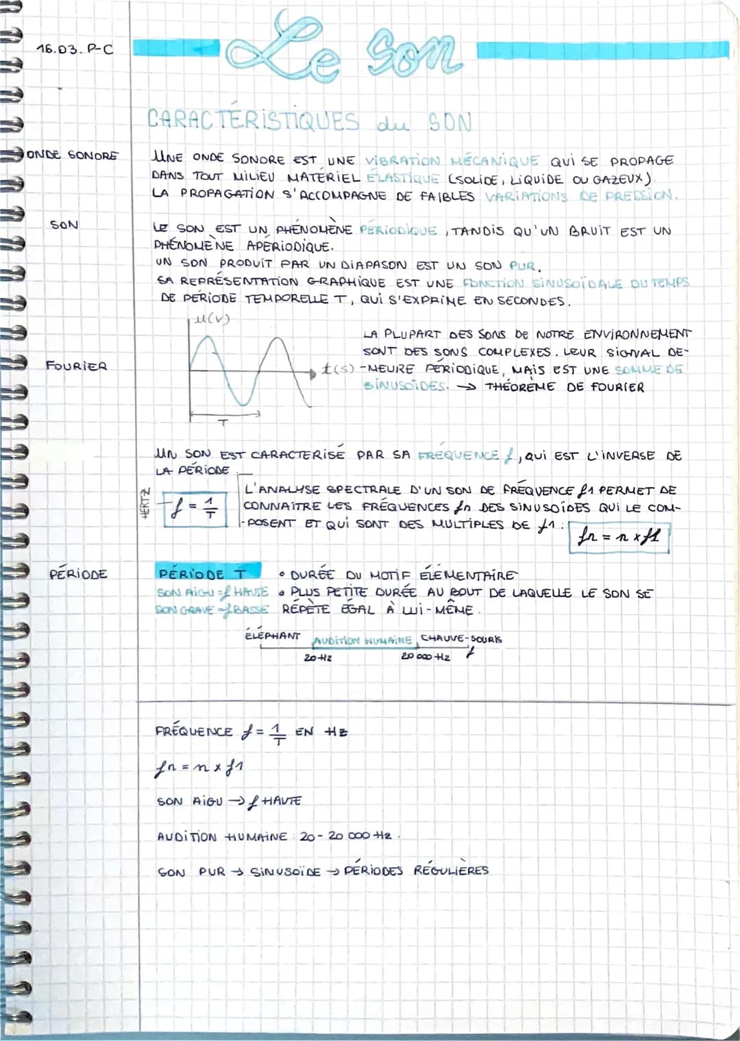 D D D D D
00
16.03. P-C
ONDE SONORE
SON
FOURIER
PERIODE
Le son
CARACTERISTIQUES du SON
UNE ONDE SONORE EST UNE VIBRATION MÉCANIQUE QUI SE PR