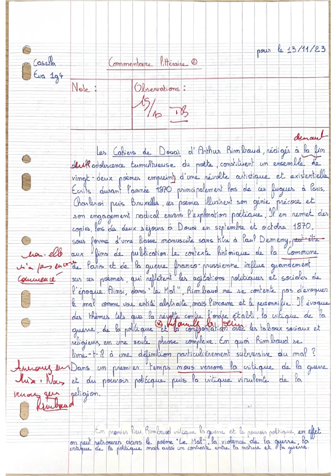 Commentaire littéraire sur « Le Mal » poème extrait des Cahiers de douai d’Arthur Rimbaud 15/20 