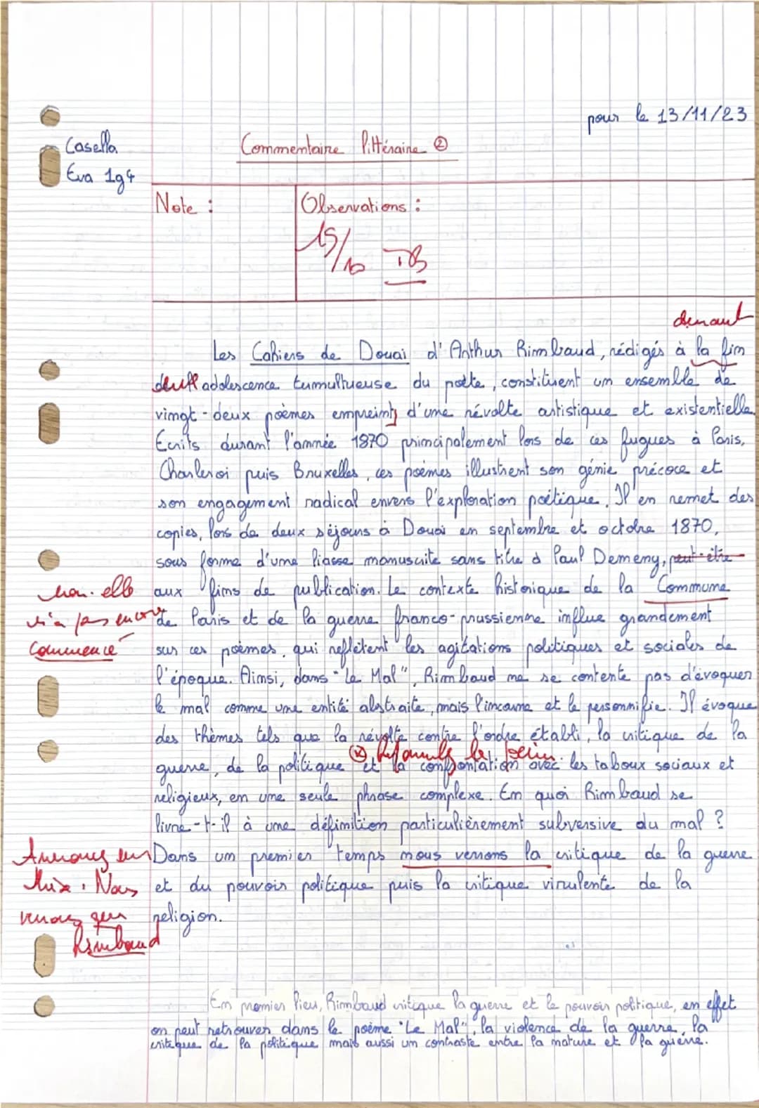 6 13/11/23
pour
Casella
Commentaire littéraire
Eva 194
Note:
Observations:
hen. elle
15/1 TB
denaut
Les Cahiers de Douai d'Arthur Rimbaud, r