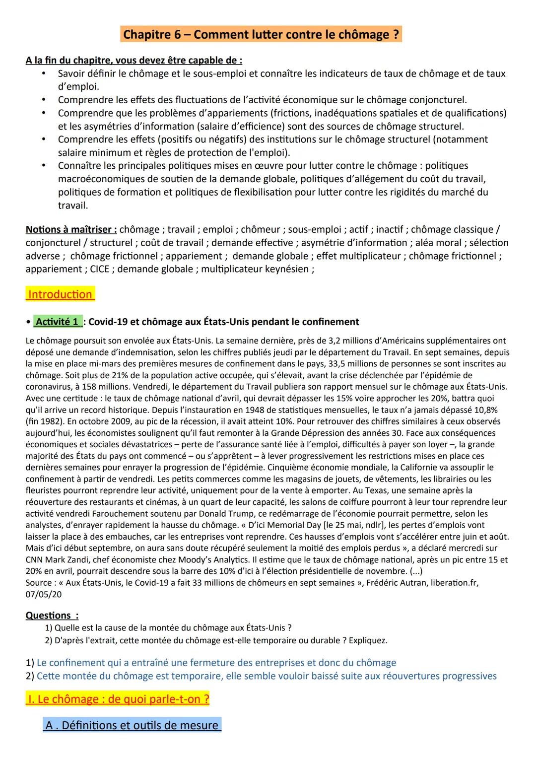 Chapitre 6 - Comment lutter contre le chômage ?
A la fin du chapitre, vous devez être capable de :
Savoir définir le chômage et le sous-empl