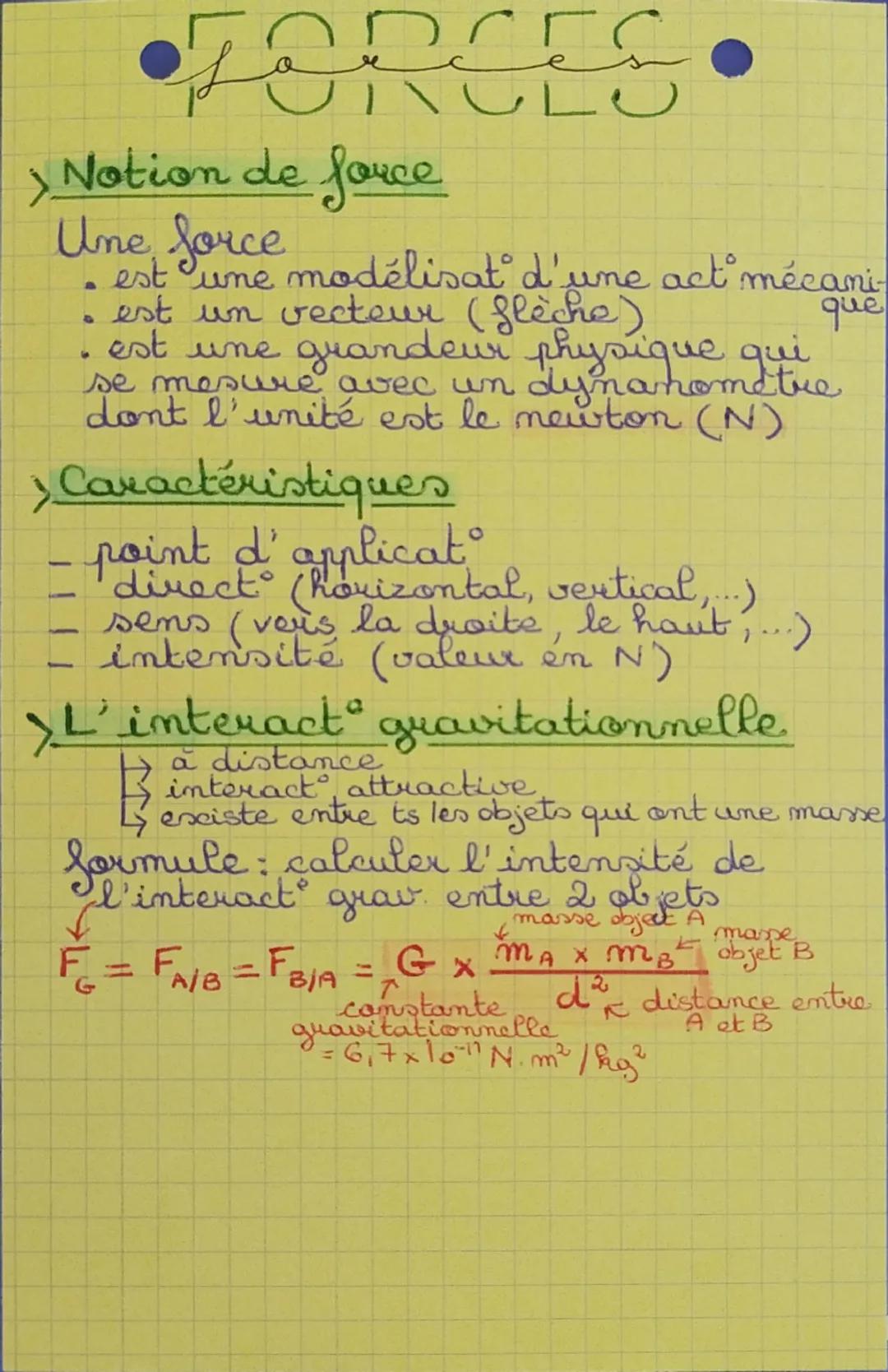 --- OCR Start ---
FORCES
> Notion de force
Une Sorce modélisat d'une act mécani
. est un vecteur (flèche)
. est une grandeur physique qui
. 