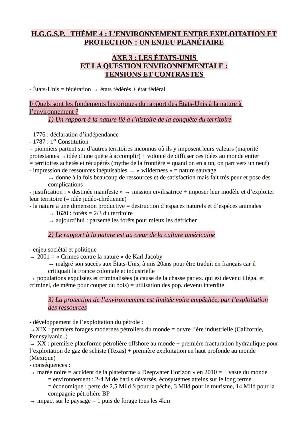 H.G.G.S.P. THÈME 4 : L’ENVIRONNEMENT ENTRE EXPLOITATION ET
PROTECTION : UN ENJEU PLANÉTAIRE
AXE 3: LES ÉTATS-UNIS
ET LA QUESTION ENVIRONNEME