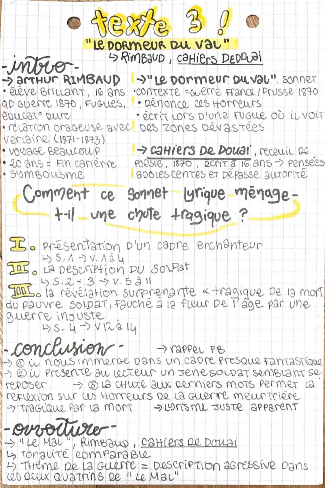 --- OCR Start ---
texte 3!
"LE DORMEUR DU val"
→Rimbaud, cahiers DEDQuai
-intro-
→Arthur RIMBAUD →"Le Dormeur Duvau", sonner
• élève Brillan