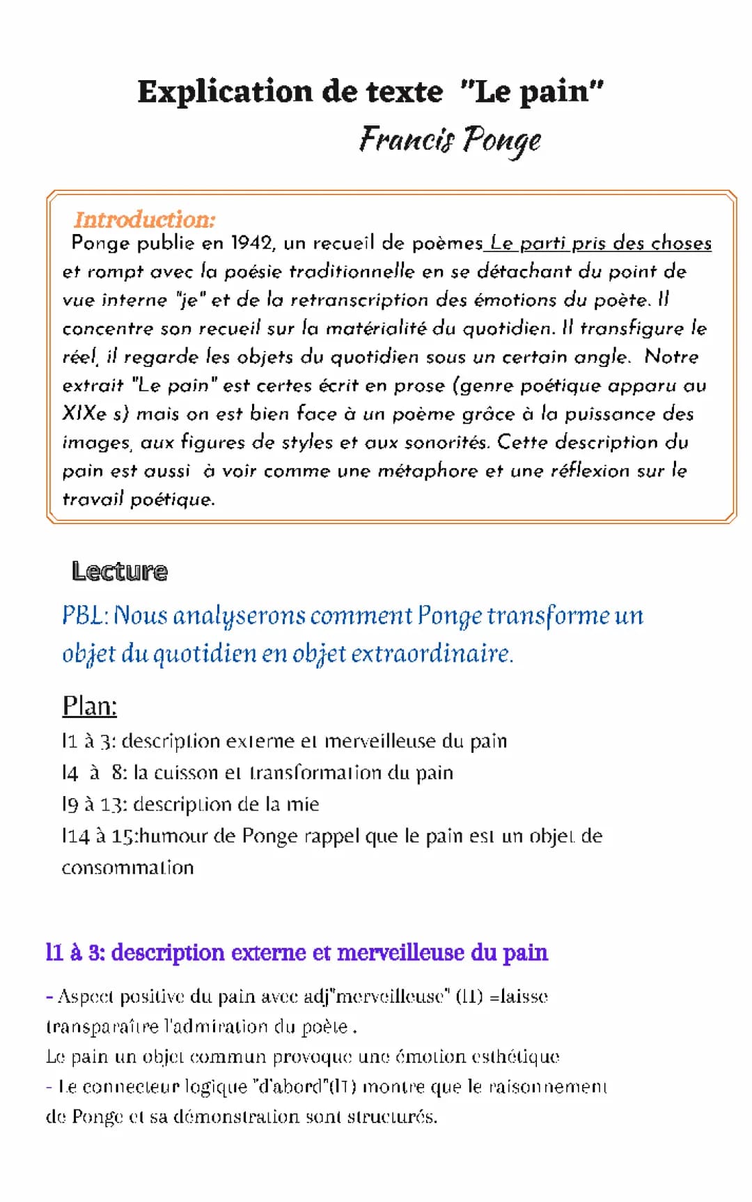 Le pain de Francis Ponge: Analyse linéaire PDF et date