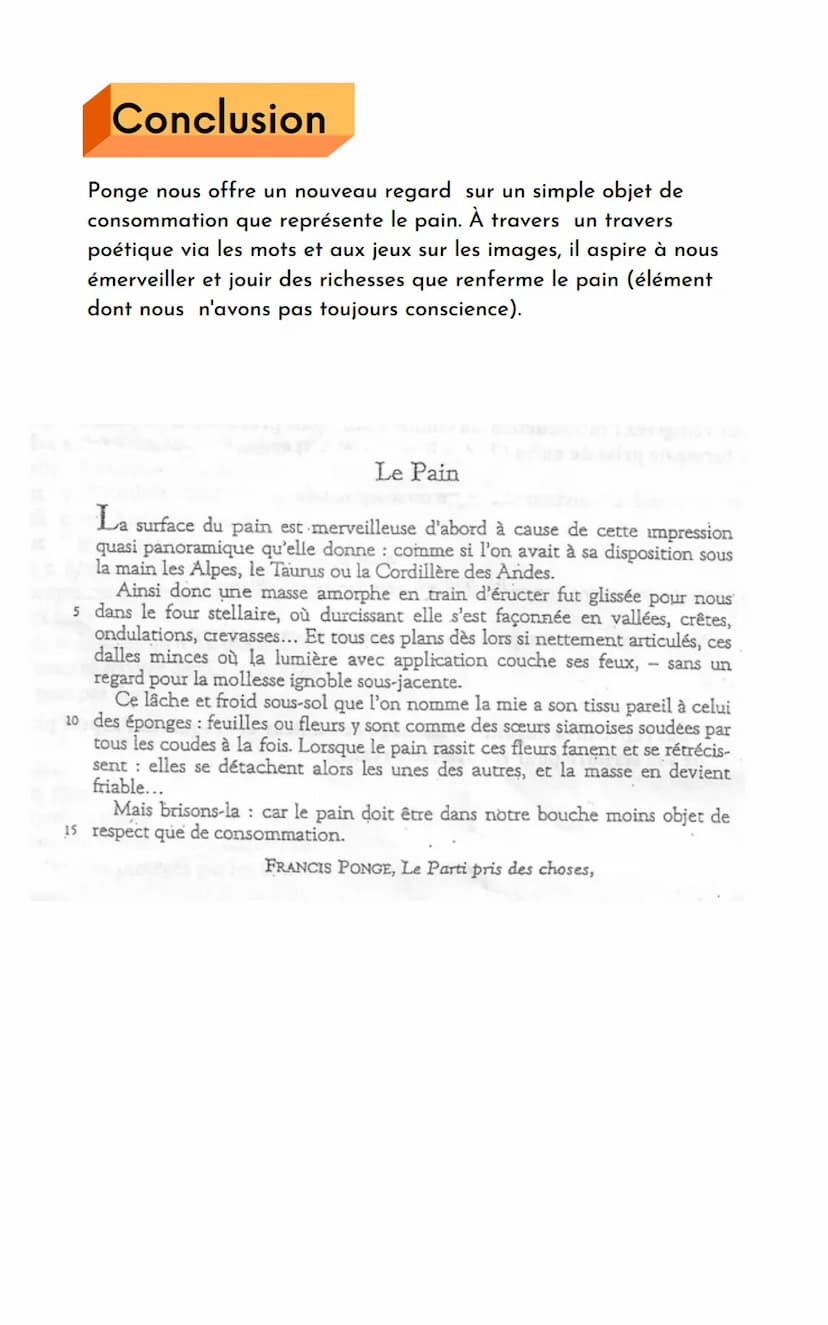 Explication de texte "Le pain"
Francis Ponge
Introduction:
Ponge publie en 1942, un recueil de poèmes Le parti pris des choses
et rompt avec