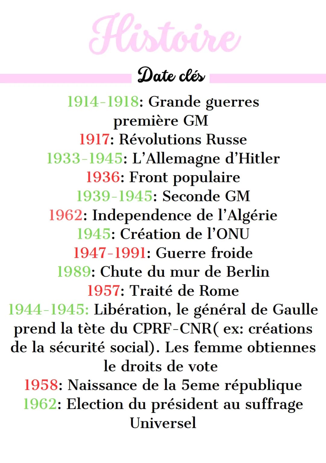 Histoire
Date clés
1914-1918: Grande guerres
première GM
1917: Révolutions Russe
1933-1945: L'Allemagne d'Hitler
1936: Front populaire
1939-