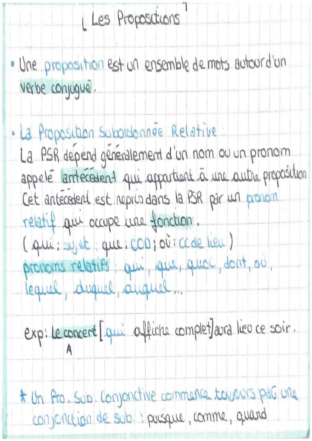 # Les Propositions

• Une proposition est un ensemble de mots autour d'un
verbe conjugue.

• La Proposition Subordonnée Relative
La PSR depe