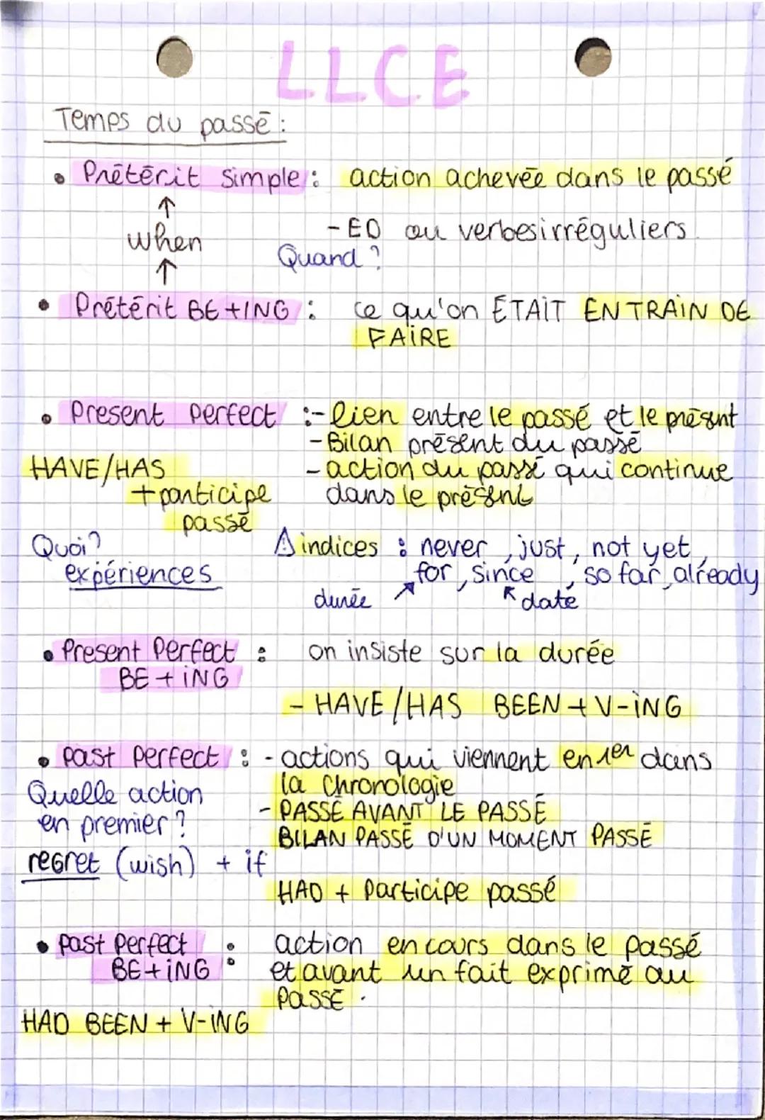 LLCE
Temps du passe:
• Pretèrit simple: action achevée dans le passé
-ED ou verbesirréguliers
Quand?
↑
when
个
• Pretérit BETING: ce qu'on ET