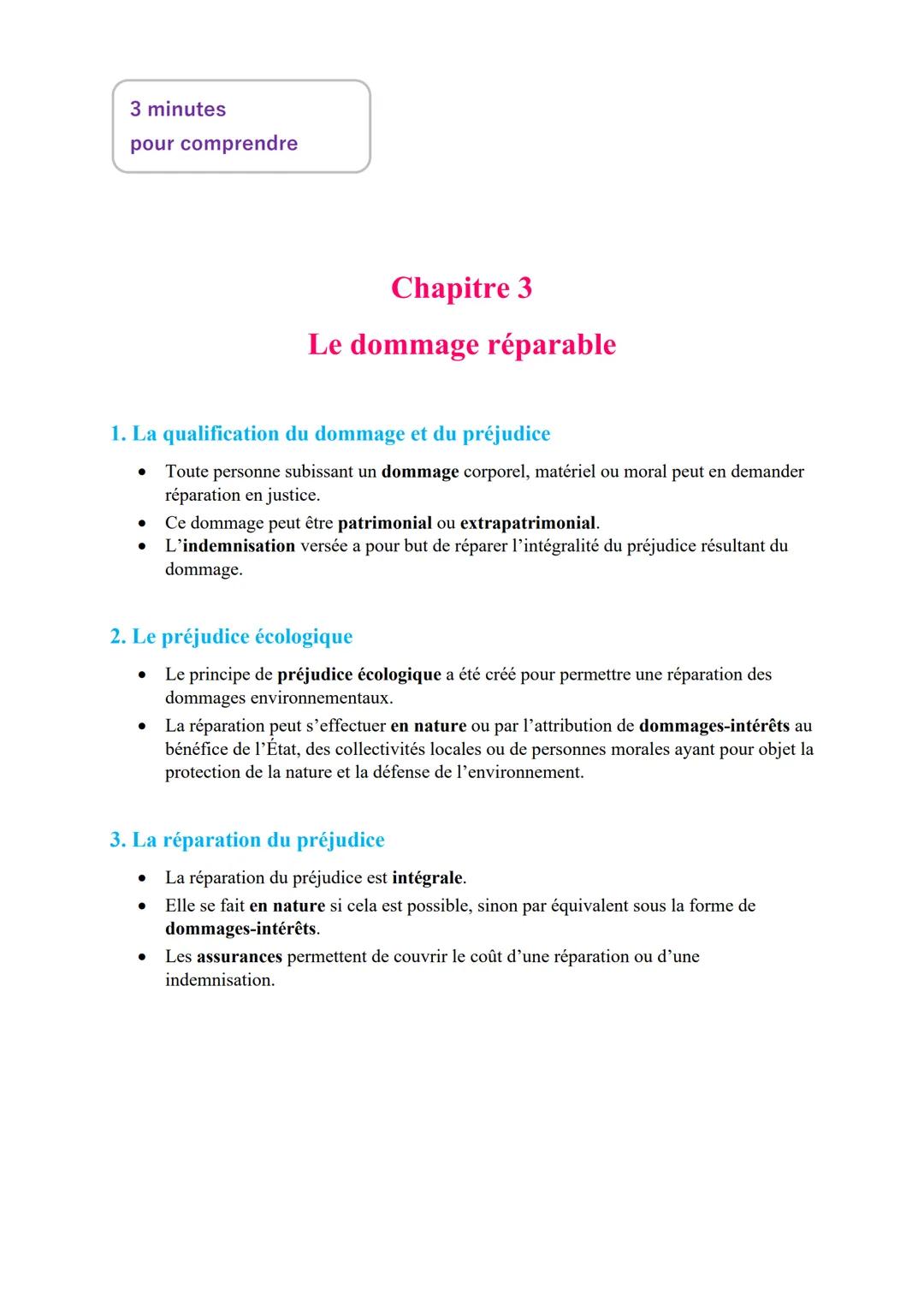 3 minutes
pour comprendre

# Chapitre 3

## Le dommage réparable

1. La qualification du dommage et du préjudice

*   Toute personne subissa