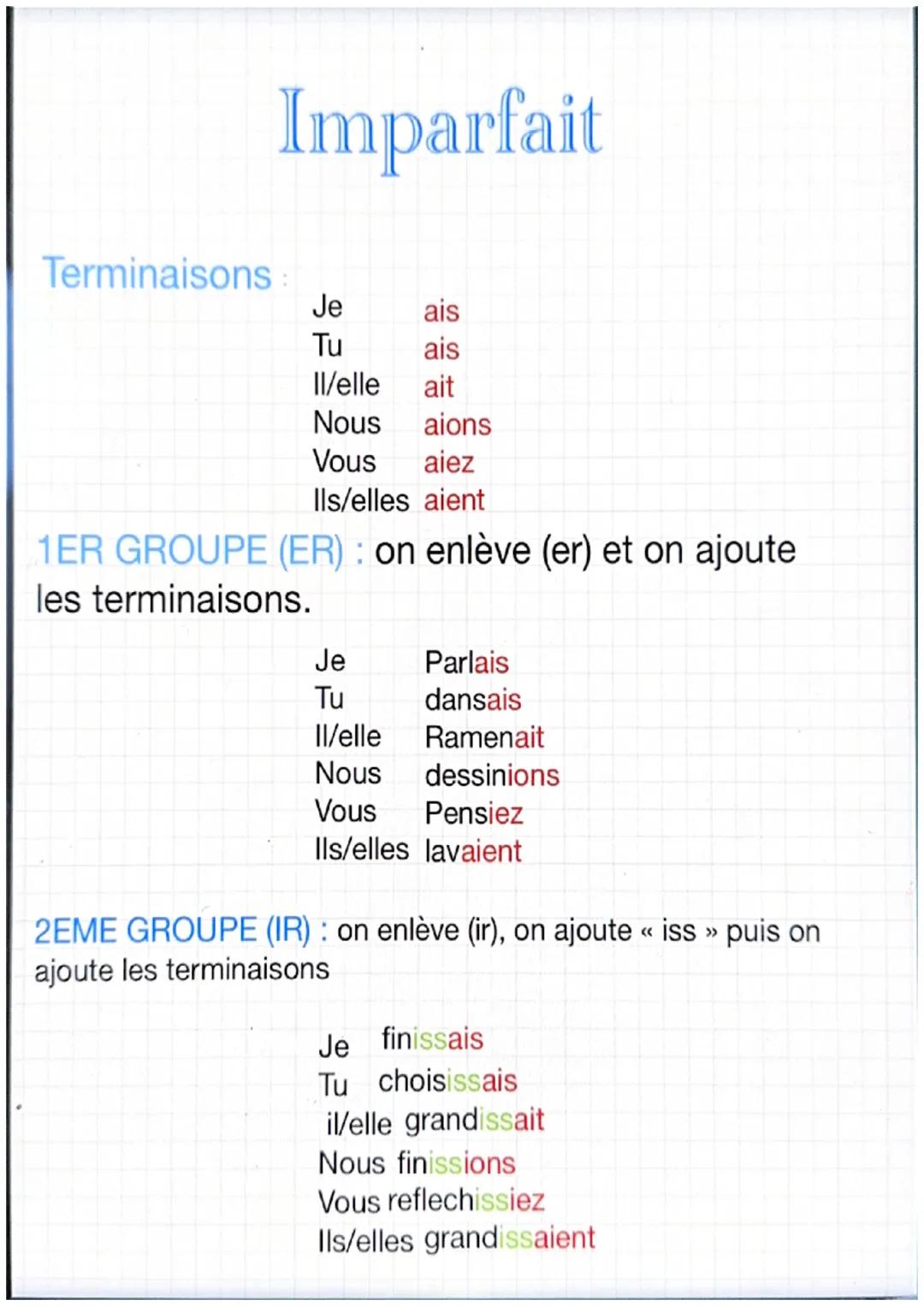 Imparfait
Terminaisons :
Je
Tu
Il/elle
Nous aions
Vous aiez
Ils/elles aient
1ER GROUPE (ER): on enlève (er) et on ajoute
les terminaisons.
J