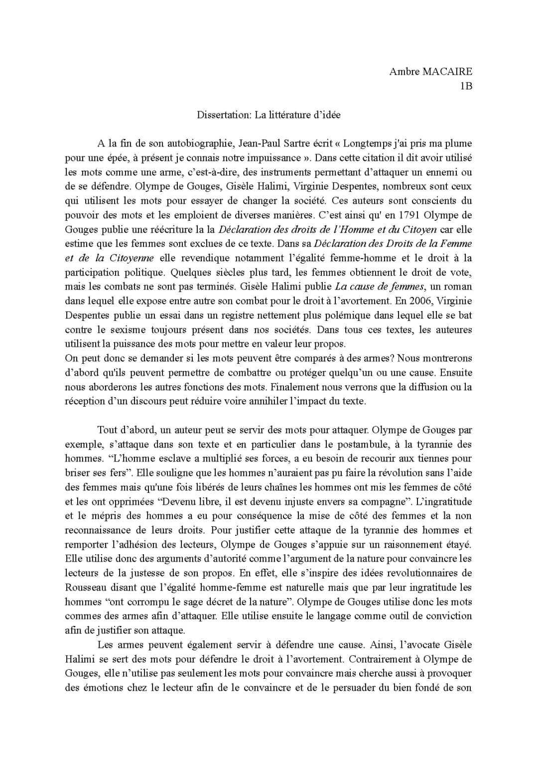 Dissertation Olympe de Gouges corrigé PDF - Analyse de la DDFC et Discours Féministe