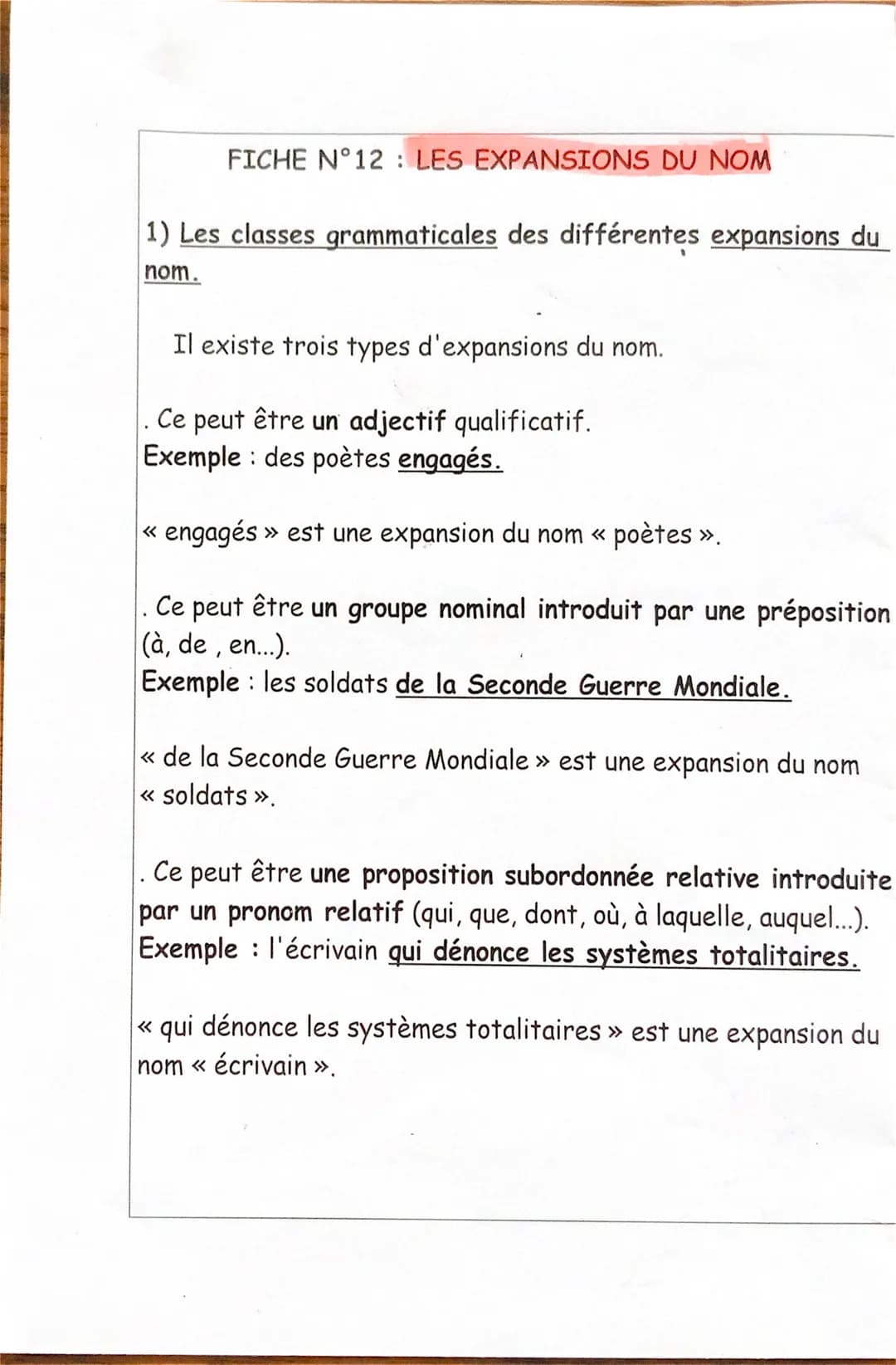 FICHE N°12 LES EXPANSIONS DU NOM
:
1) Les classes grammaticales des différentes expansions du
nom.
«
Il existe trois types d'expansions du n