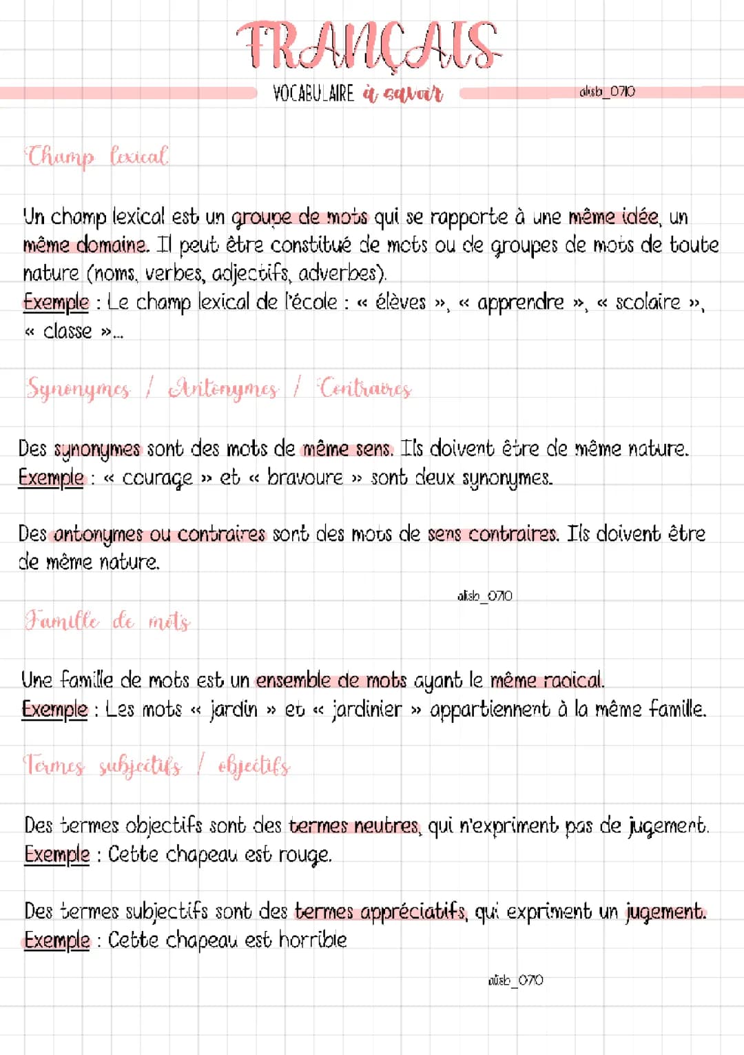 Français : Vocabulaire à savoir