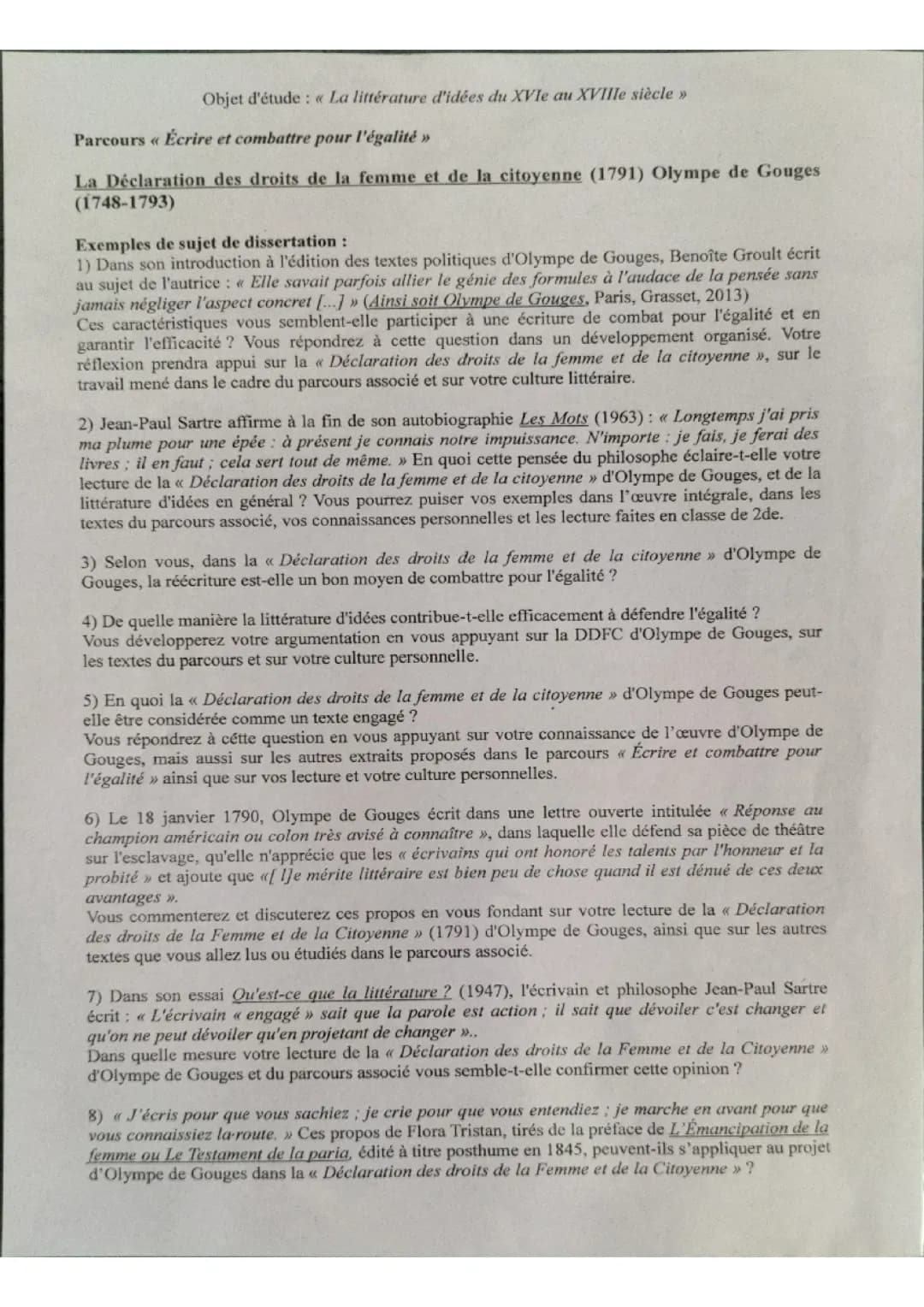 Sujet dissertation Olympe de Gouges (parcours : écrire et combattre pour l'égalité)