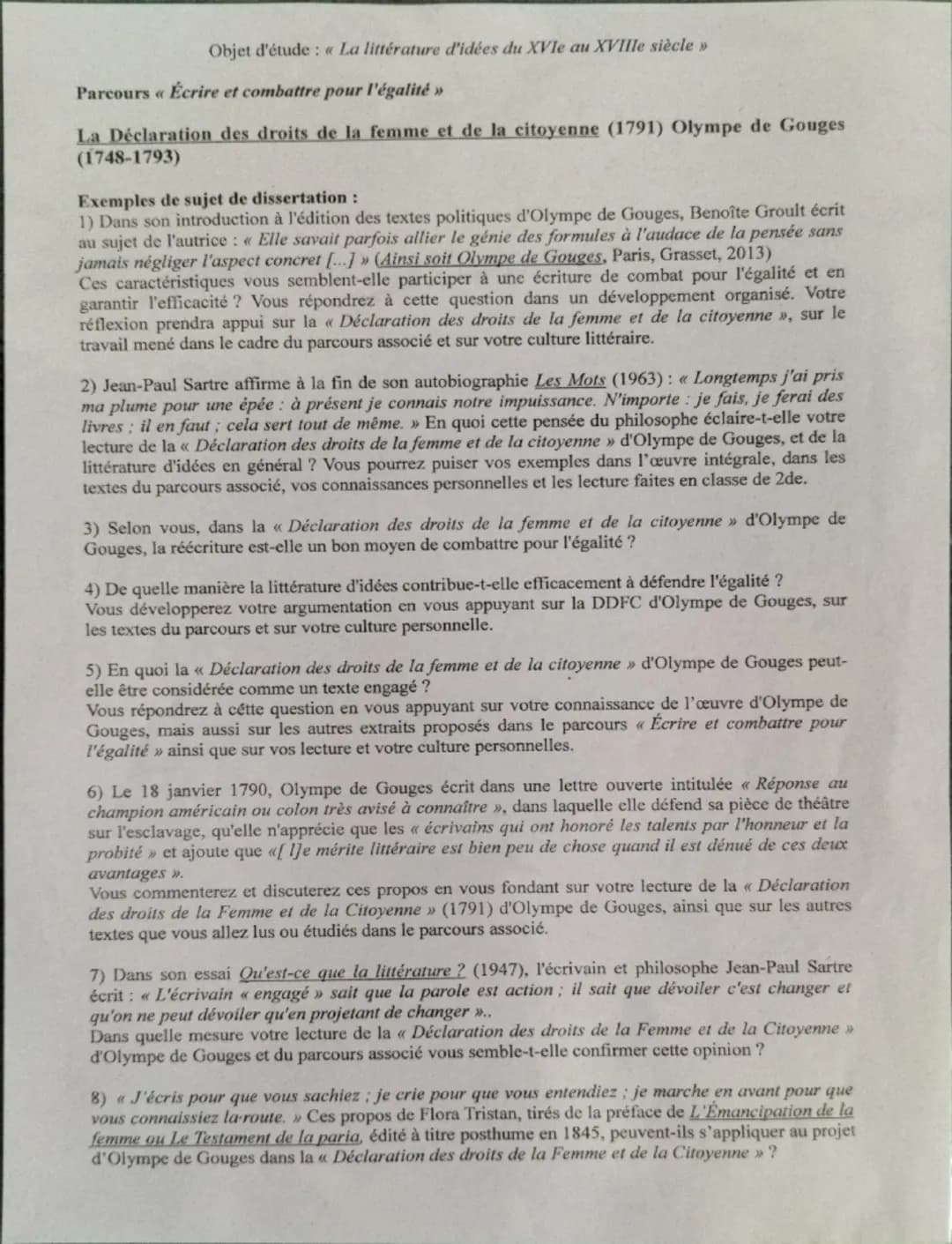 Objet d'étude : « La littérature d'idées du XVIe au XVIIIe siècle »>
Parcours « Écrire et combattre pour l'égalité »
La Déclaration des droi
