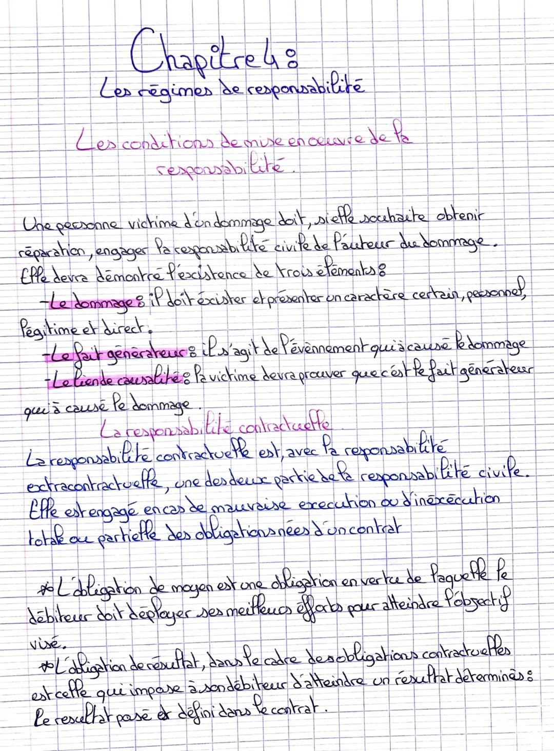 # Chapitre 4:
Les régimes de responsabilité

Les conditions de mise en ouvre de fa
responsabilité

Une personne victime d'un dommage doit, s
