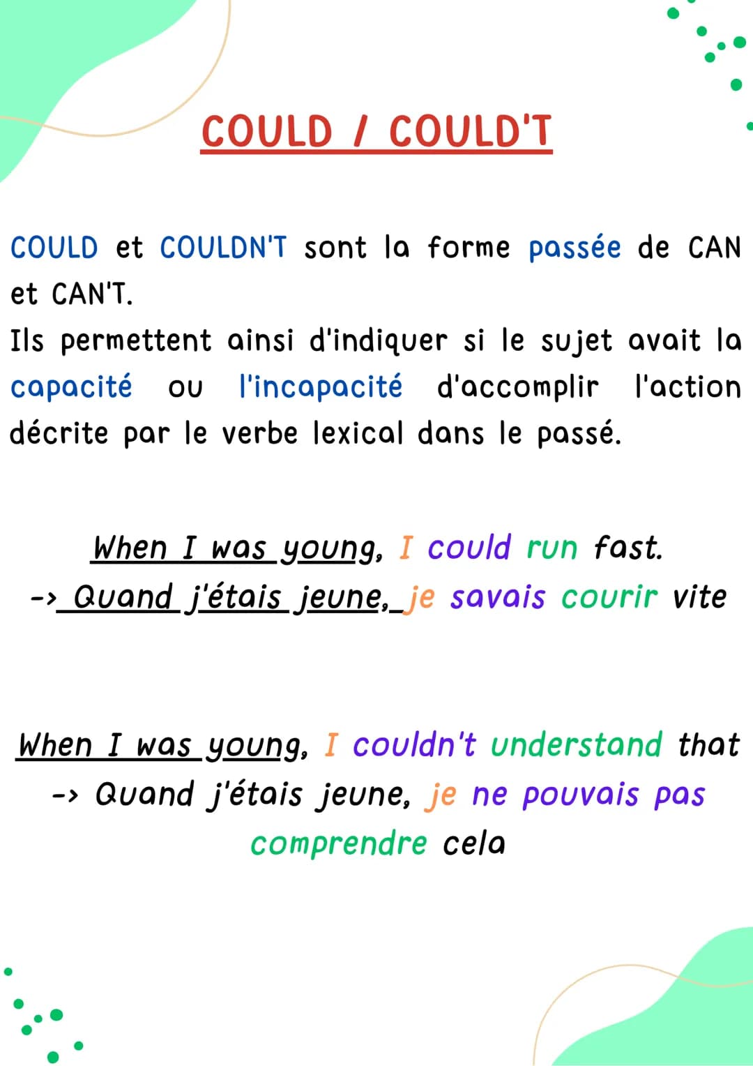 AAA
^nn
COULD
COULD'T
Anglais
TELETE!!!!
HELLO! COULD / COULD'T
COULD et COULDN'T sont la forme passée de CAN
et CAN'T.
Ils permettent ainsi