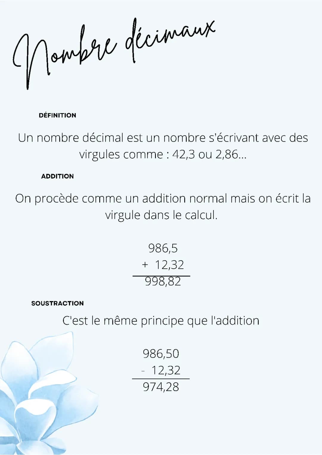 nombre décimaux : addition, soustraction, multiplication