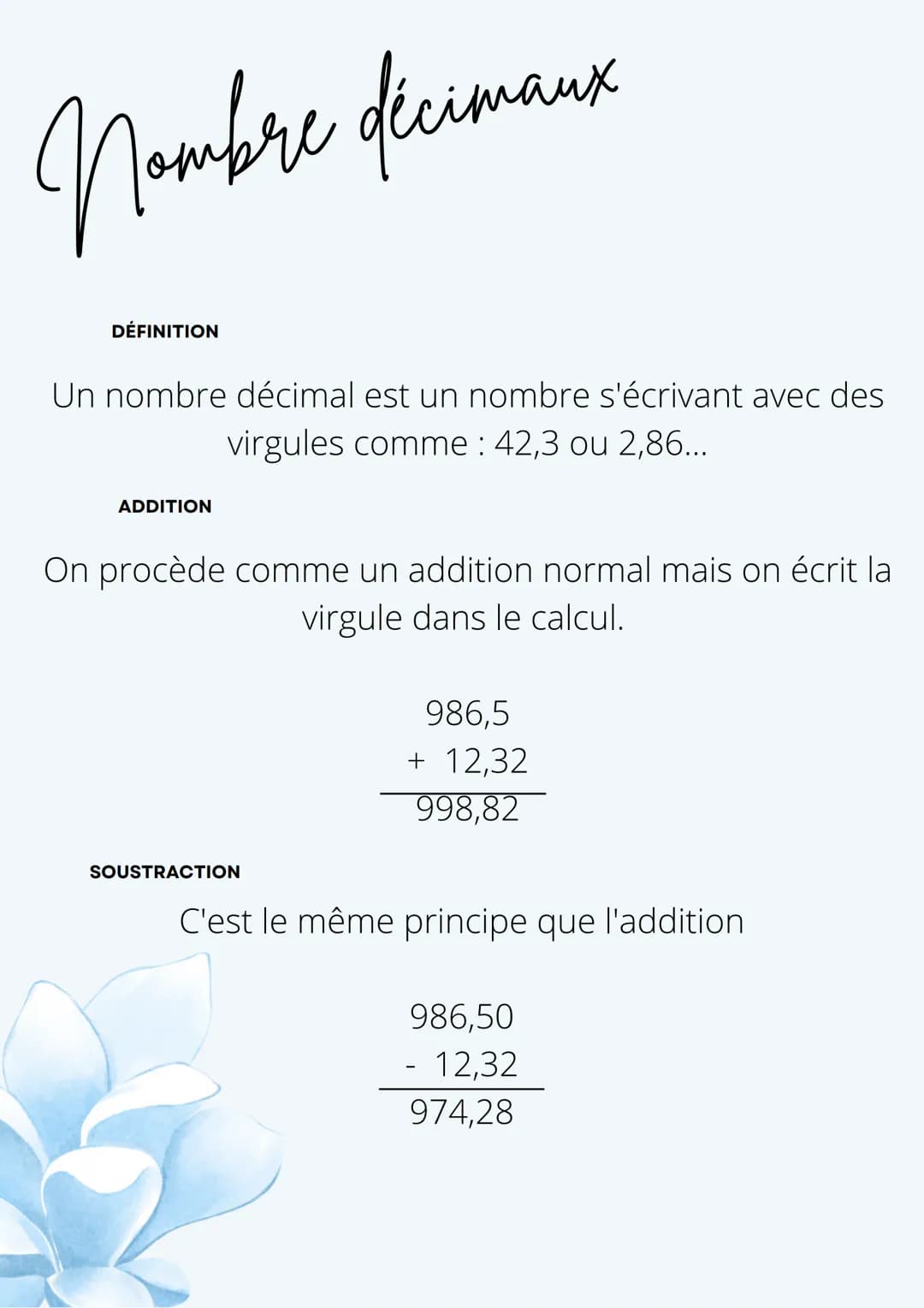 Патьче фесimaux
Nombre
фесітанх
DÉFINITION
Un nombre décimal est un nombre s'écrivant avec des
virgules comme : 42,3 ou 2,86...
ADDITION
On 