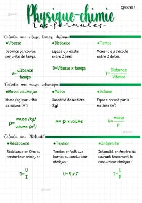 Know PHYSIQUE-CHIMIE les formules (vitesse, masse volumique, électricité) (fiche quadrillée) thumbnail