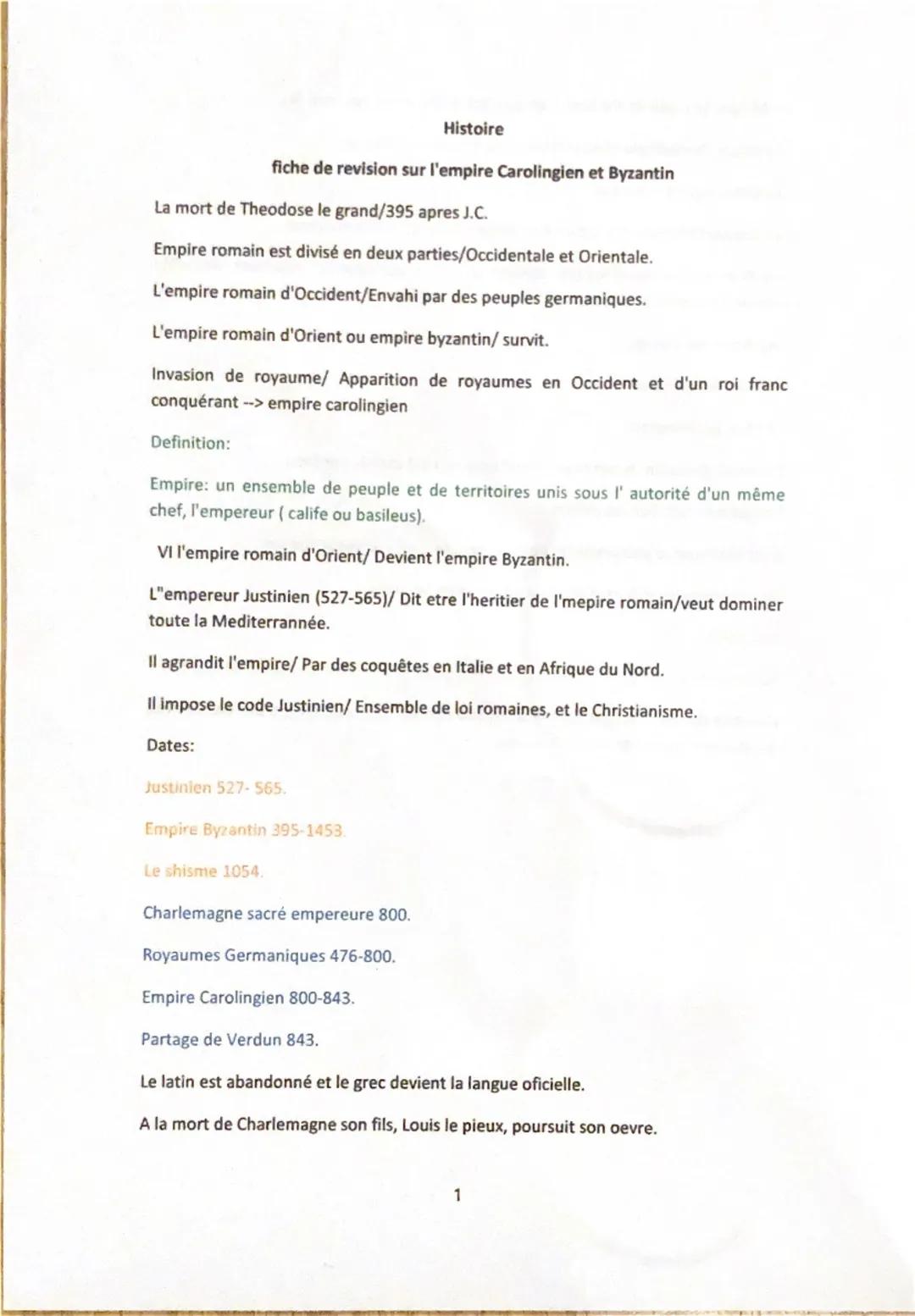 Histoire
fiche de revision sur l'empire Carolingien et Byzantin
La mort de Theodose le grand/395 apres J.C.
Empire romain est divisé en deux