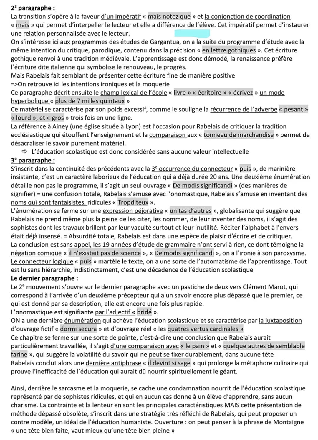 SEQUENCE IV
La littérature d'idées du XVIème au XVIIIème siècle
Rabelais / Rire et savoir
Explication linéaire n°2 de l'oeuvre complète n°4
