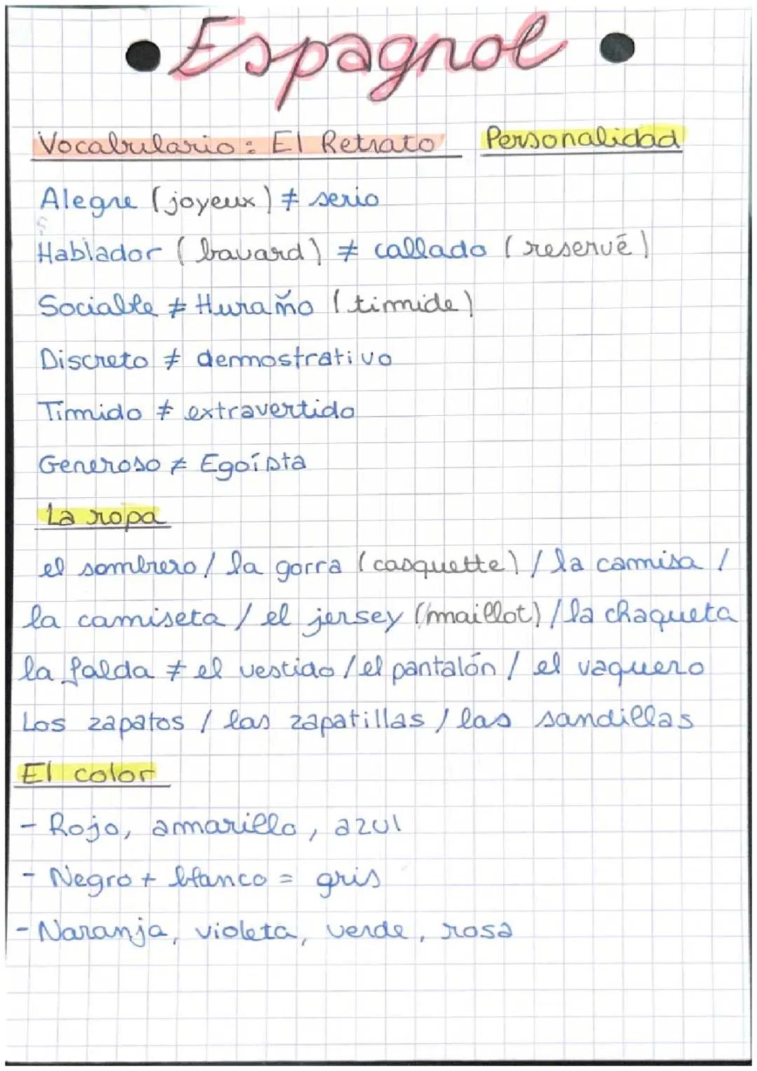 Vocabulaire du portrait « El retrato »