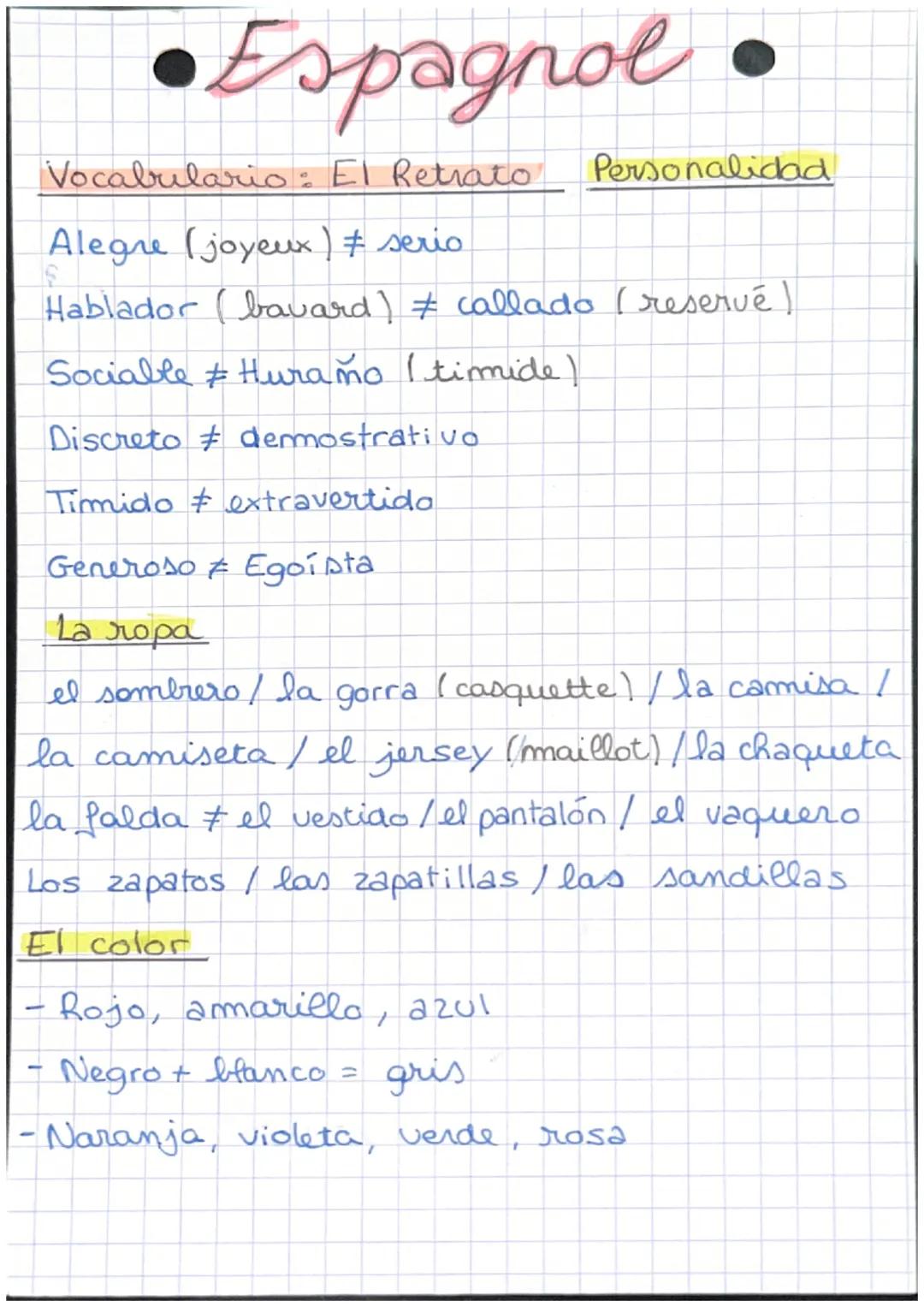 16
•Espagnol
Vocabulario: El Retrato
Alegre (joyeux) ‡ serio
Hablador bavard] # callado (reservé |
Sociable #Huraño (timide)
Discreto demost