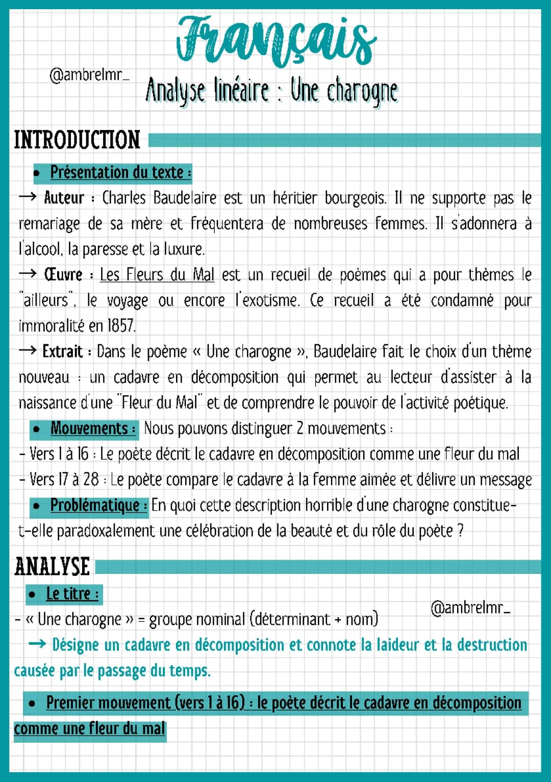 Une charogne de Baudelaire : analyse linéaire PDF et résumé