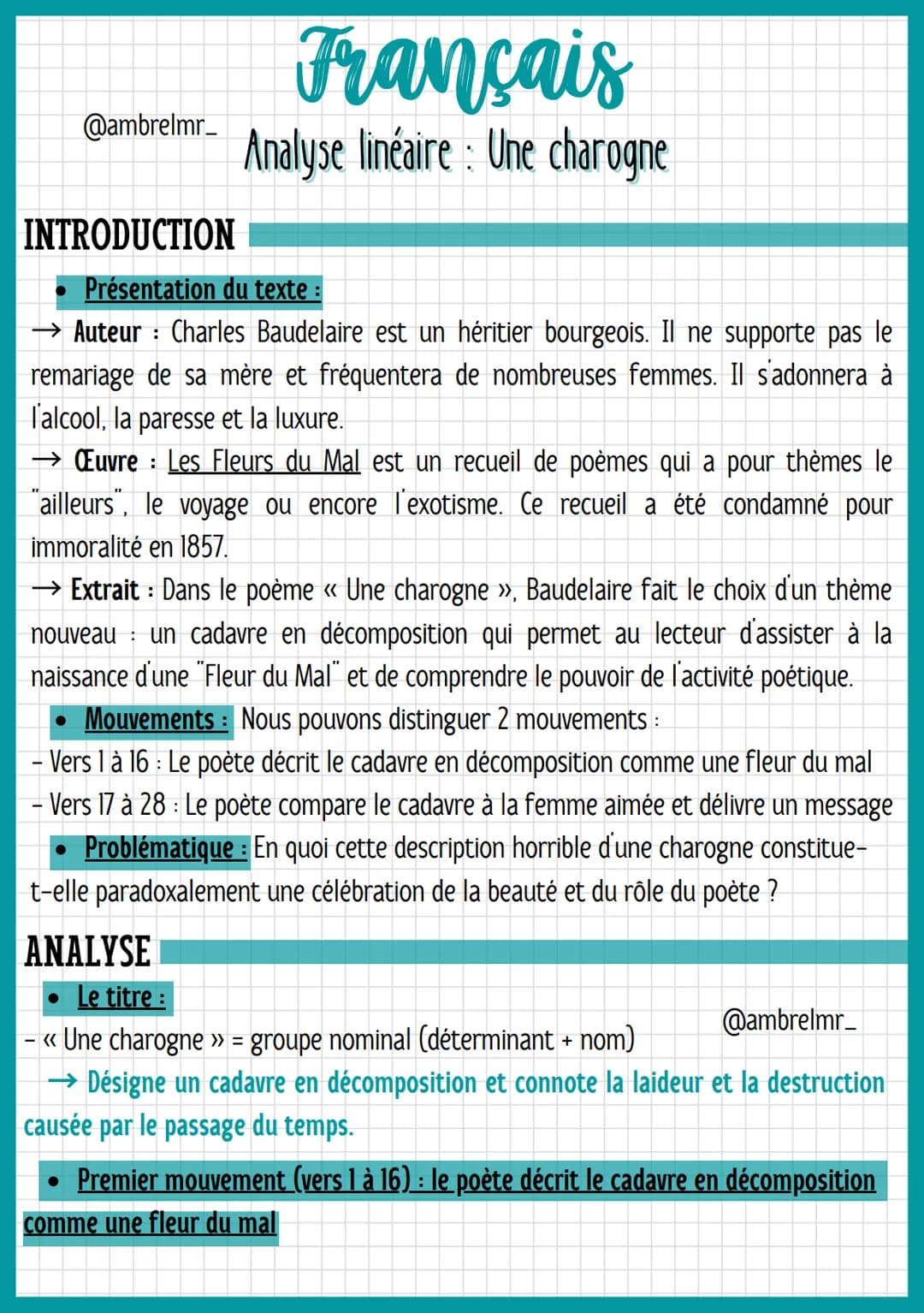 Français
@ambrelmr_ Analyse linéaire: Une charogne
Vers 1 à 2: L'évocation d'un souvenir heureux
- « Une charogne »> = groupe nominal (déter