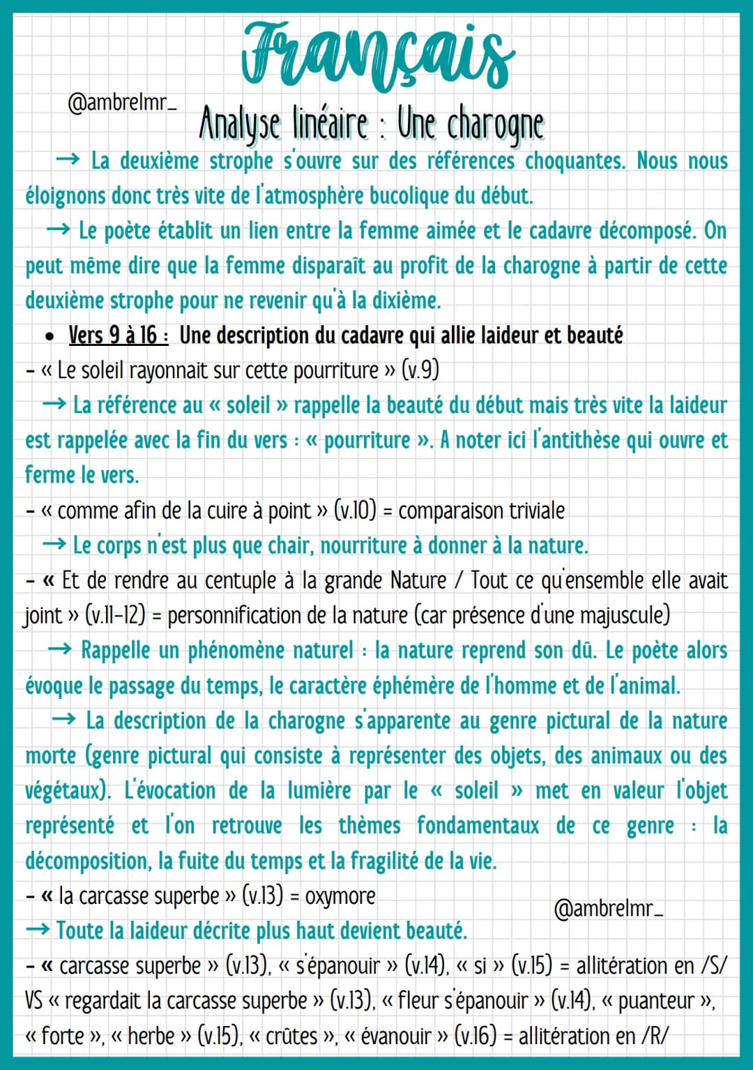 Français
@ambrelmr_ Analyse linéaire: Une charogne
Vers 1 à 2: L'évocation d'un souvenir heureux
- « Une charogne »> = groupe nominal (déter