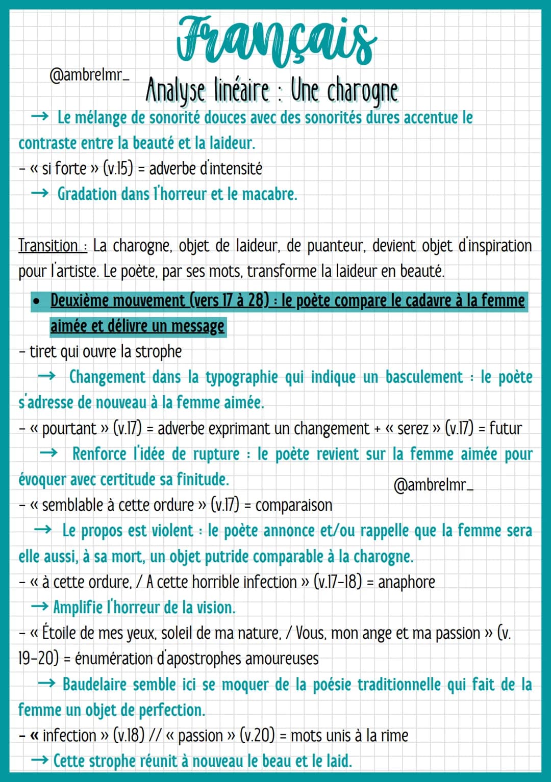 Français
@ambrelmr_ Analyse linéaire: Une charogne
Vers 1 à 2: L'évocation d'un souvenir heureux
- « Une charogne »> = groupe nominal (déter