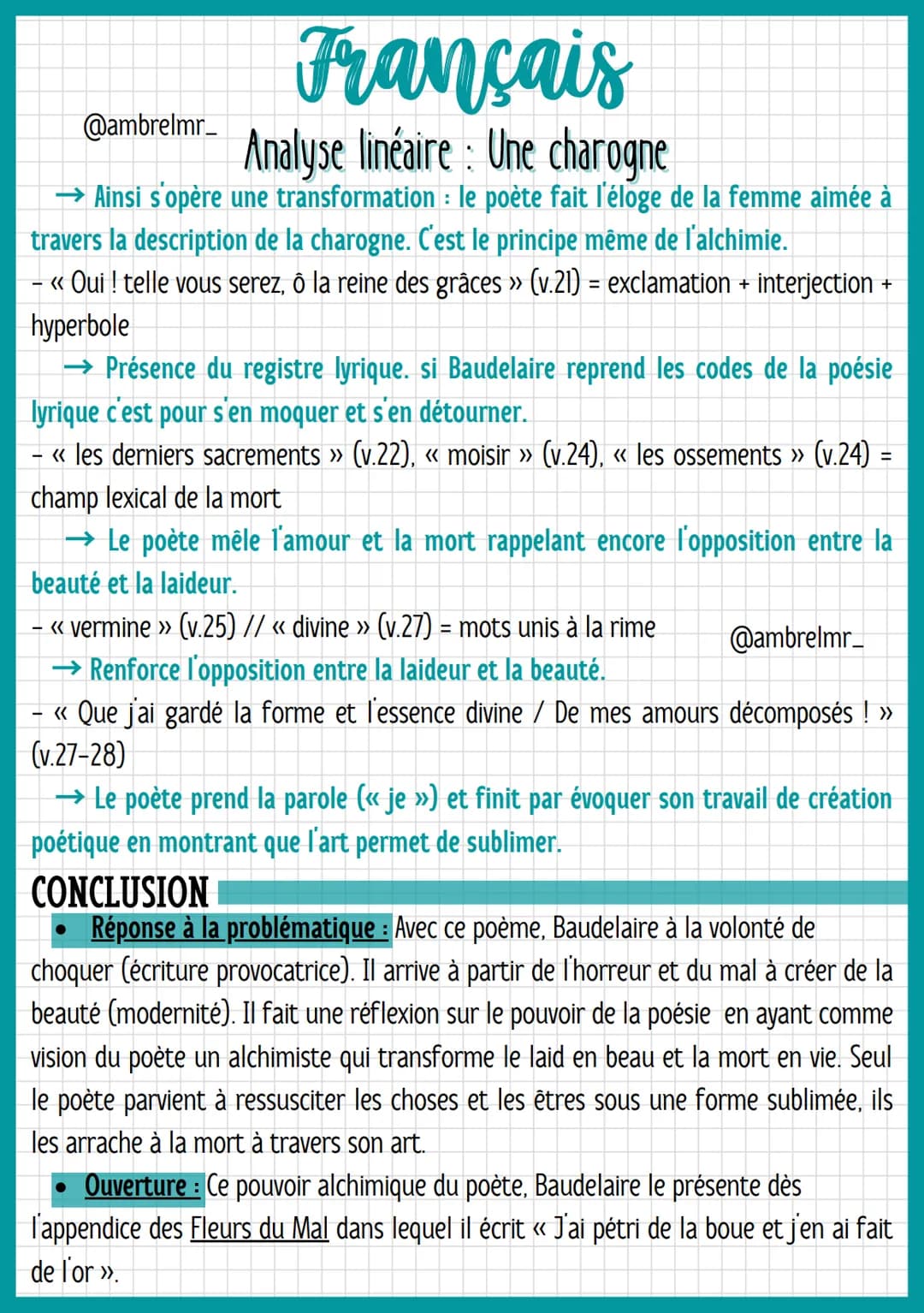 Français
@ambrelmr_ Analyse linéaire: Une charogne
Vers 1 à 2: L'évocation d'un souvenir heureux
- « Une charogne »> = groupe nominal (déter