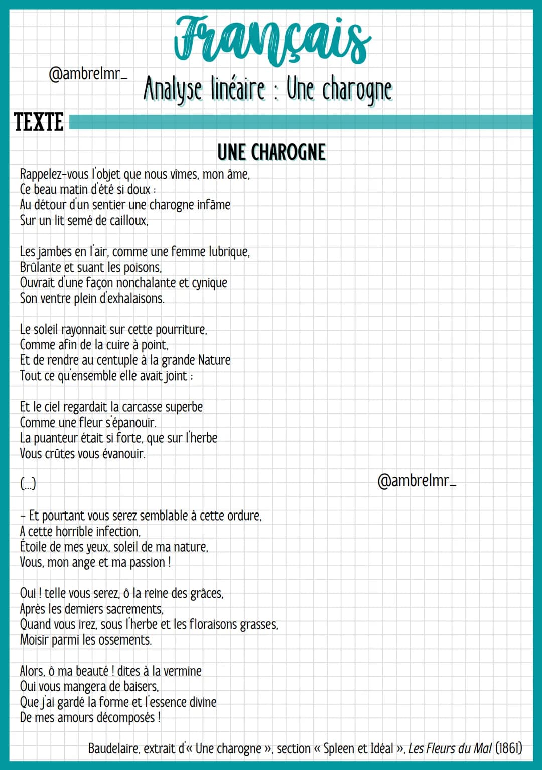 Français
@ambrelmr_ Analyse linéaire: Une charogne
Vers 1 à 2: L'évocation d'un souvenir heureux
- « Une charogne »> = groupe nominal (déter