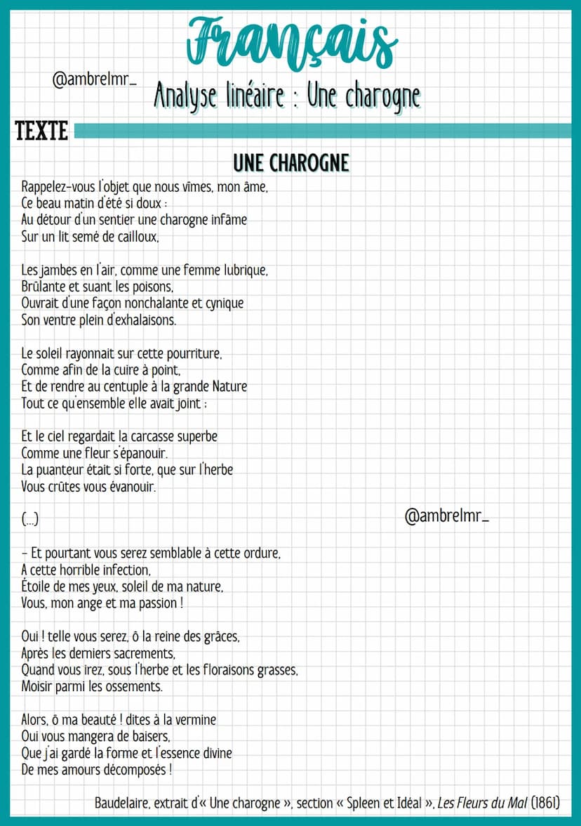 Français
@ambrelmr_ Analyse linéaire: Une charogne
Vers 1 à 2: L'évocation d'un souvenir heureux
- « Une charogne »> = groupe nominal (déter