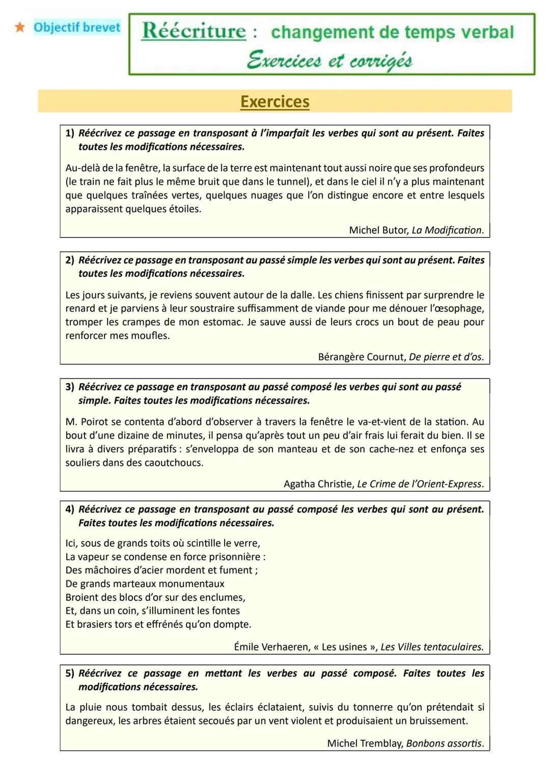 Réécriture : Le changement de temps verbal (exercices et corrigés)