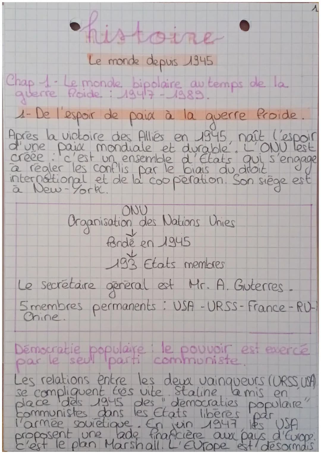 histoine
Le monde depuis 1945
Chap 1 Le monde bipolaire au temps de la
querre Roide: 1947-1989.
1- De l'espoir de paix à la
guerre
froide.
A