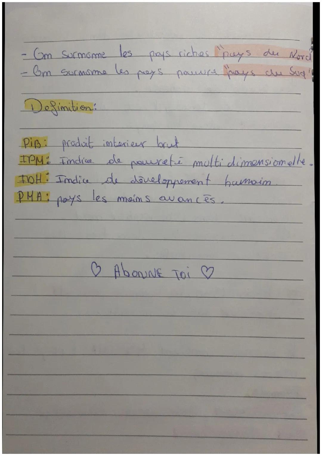 - Om Surmame les pays riches pays der Nord
- Om surmorme les pays pourra pays che Sud

Definition:

PIB: produit interieur brut
IPM: Indice 