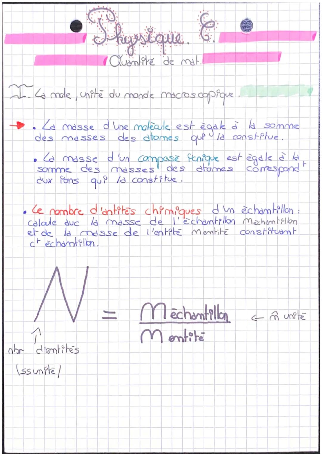 Physique.
II. La mole, unité du monde macroscopique.
Quantité de mat.
Za masse d'une molecule est égale à la somme
des masses des atomes que