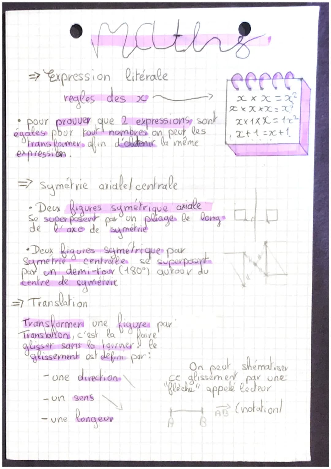 Maths
→ Expression literale
regles des x
• pour prouver que 2 expressions, sont
égales pour tout nombres on peut les
Otrans Roumer afin d'ob