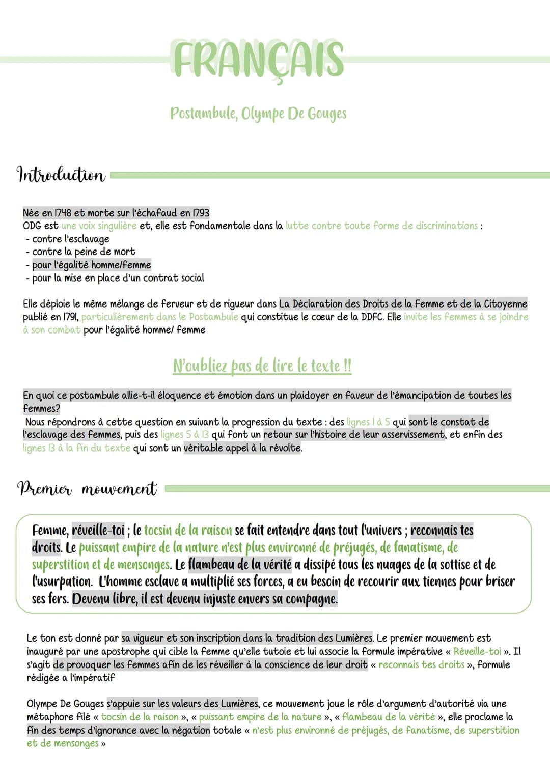 Introduction
FRANÇAIS
Postambule, Olympe De Gouges
Née en 1748 et morte sur l'échafaud en 1793
ODG est une voix singulière et, elle est fond