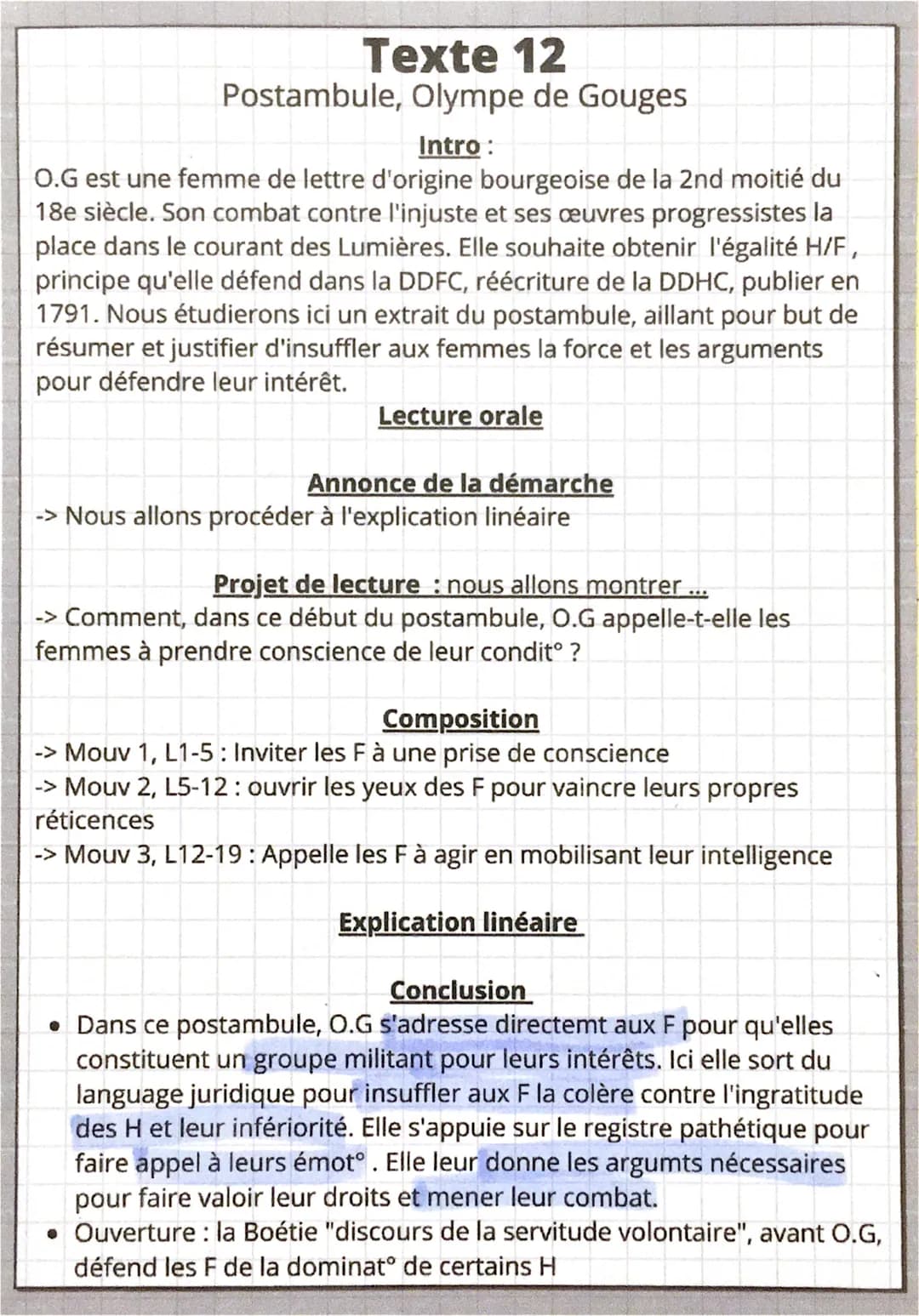 Texte 12
Postambule, Olympe de Gouges
Intro :
O.G est une femme de lettre d'origine bourgeoise de la 2nd moitié du
18e siècle. Son combat co