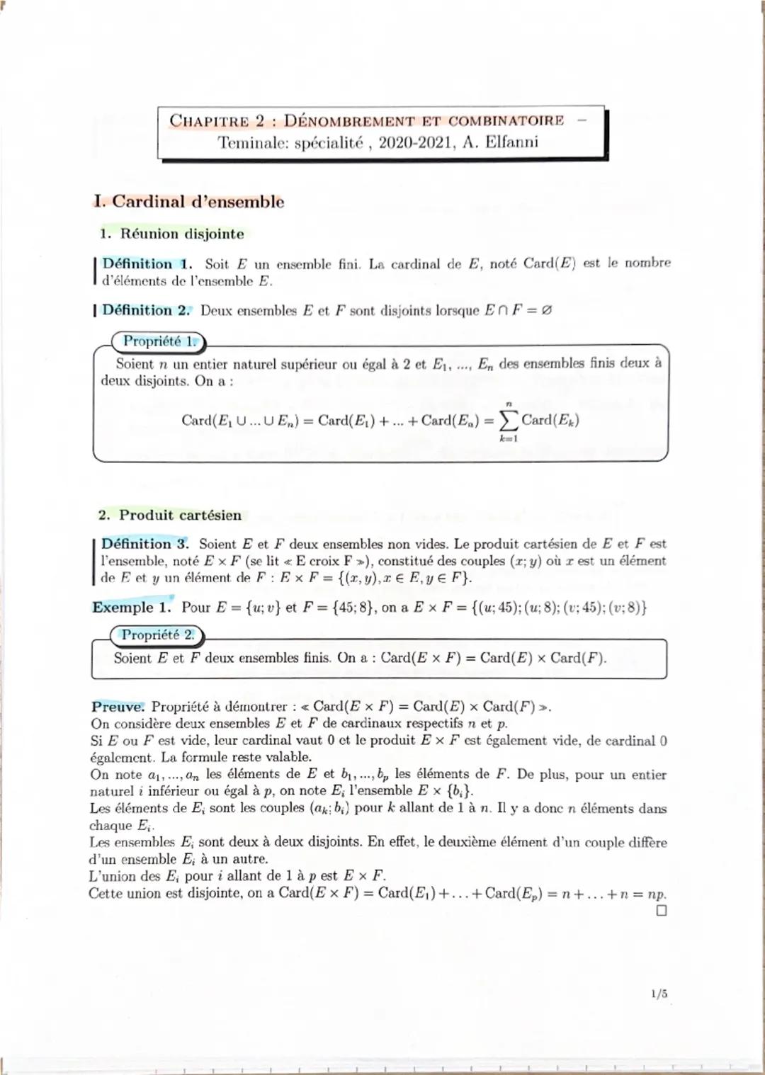CHAPITRE 2 : DÉNOMBREMENT ET COMBINATOIRE 
Teminale: spécialité, 2020-2021, A. Elfanni
I. Cardinal d'ensemble
1. Réunion disjointe
Définitio