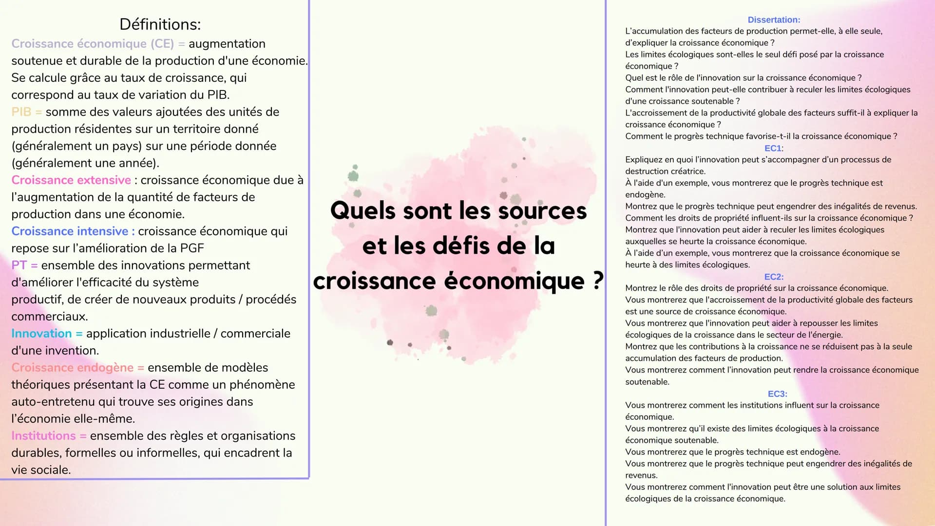 Définitions:
Croissance économique (CE) = augmentation
soutenue et durable de la production d'une économie.
Se calcule grâce au taux de croi