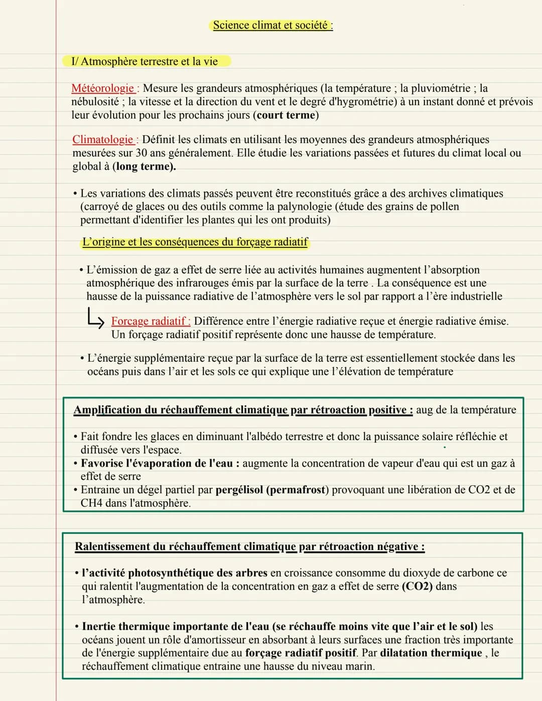 Science climat et société :
I/ Atmosphère terrestre et la vie
Météorologie : Mesure les grandeurs atmosphériques (la température ; la pluvio
