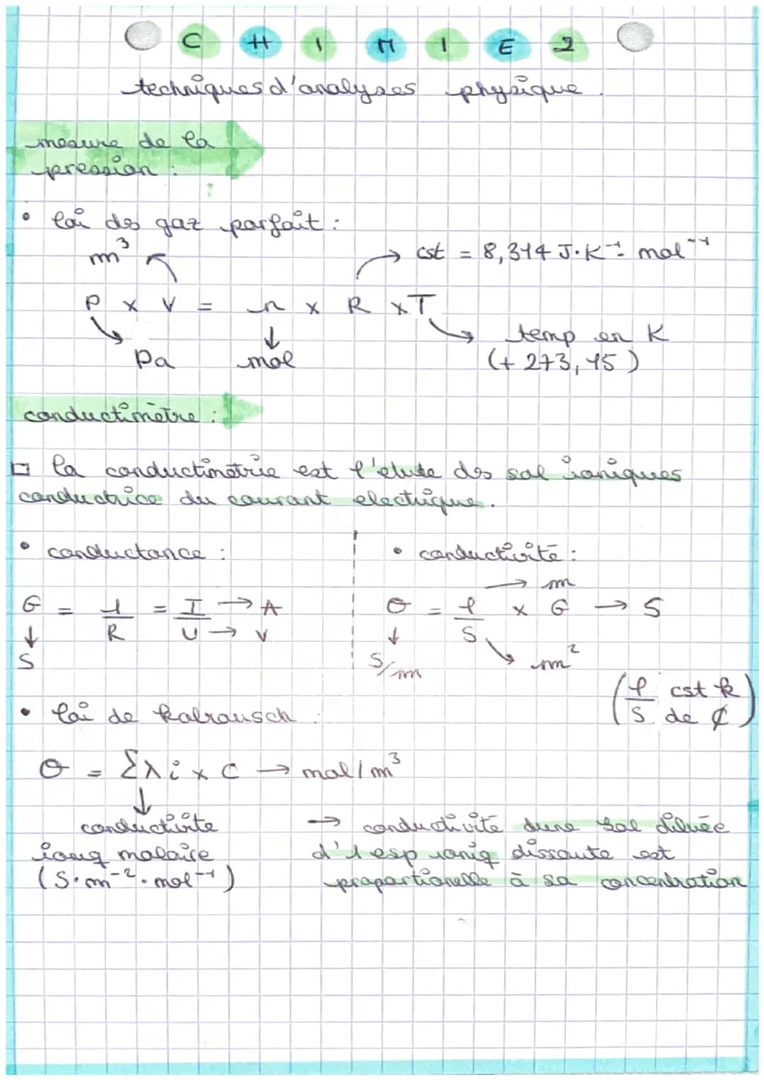 0
mesure de la
pression
↓
S
ə
lai do gaz parfait :
3
m ³
CH
techniques d'analyses physique
ра
conductimètre:
✓
P x V
=
• conductance:
4
R
11
