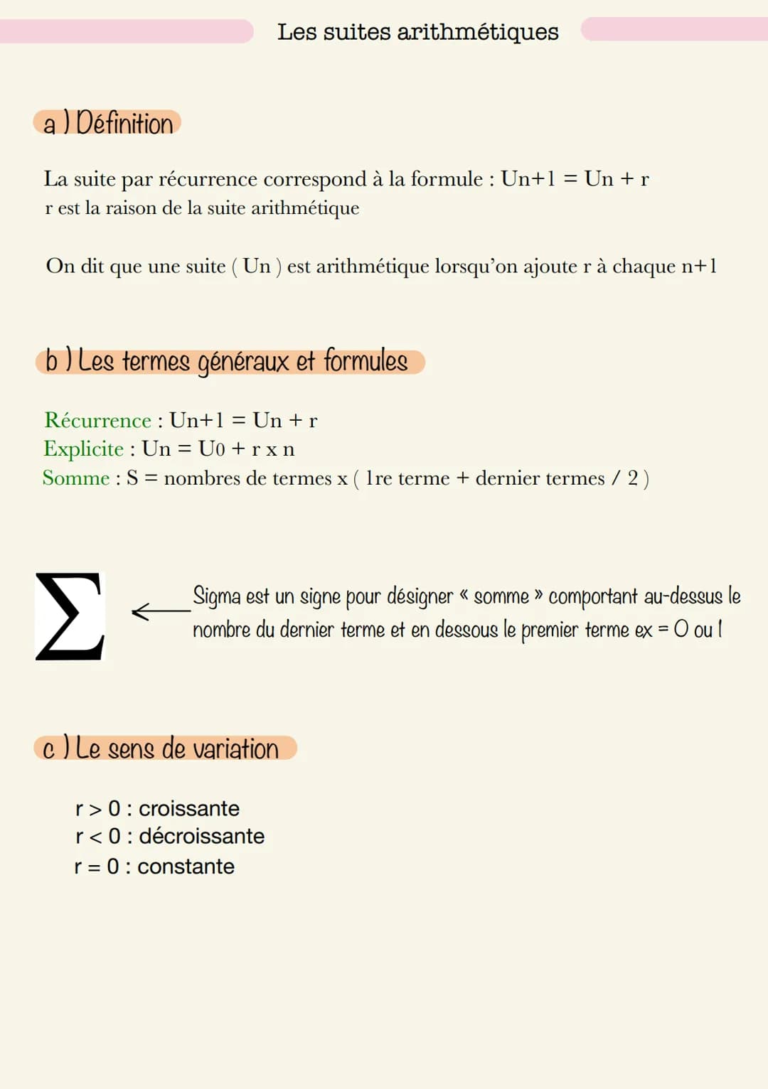a) Définition
La suite par récurrence correspond à la formule : Un+1 = Un + r
r est la raison de la suite arithmétique
On dit que une suite 