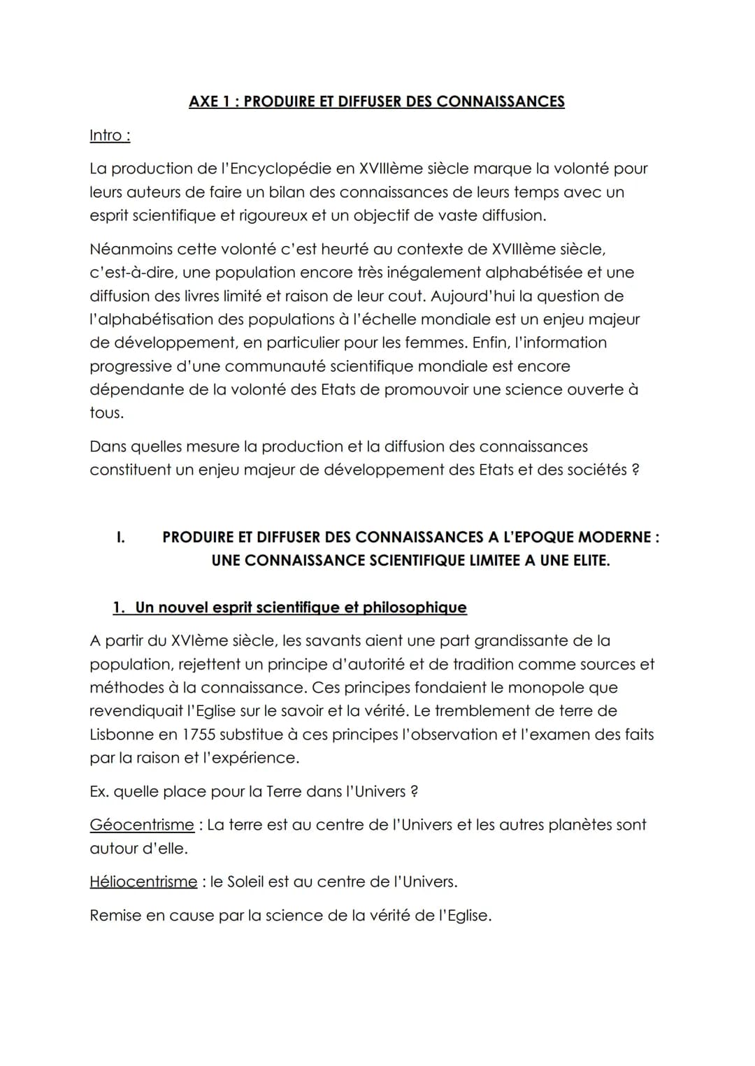AXE 1: PRODUIRE ET DIFFUSER DES CONNAISSANCES
Intro :
La production de l'Encyclopédie en XVIIIème siècle marque la volonté pour
leurs auteur