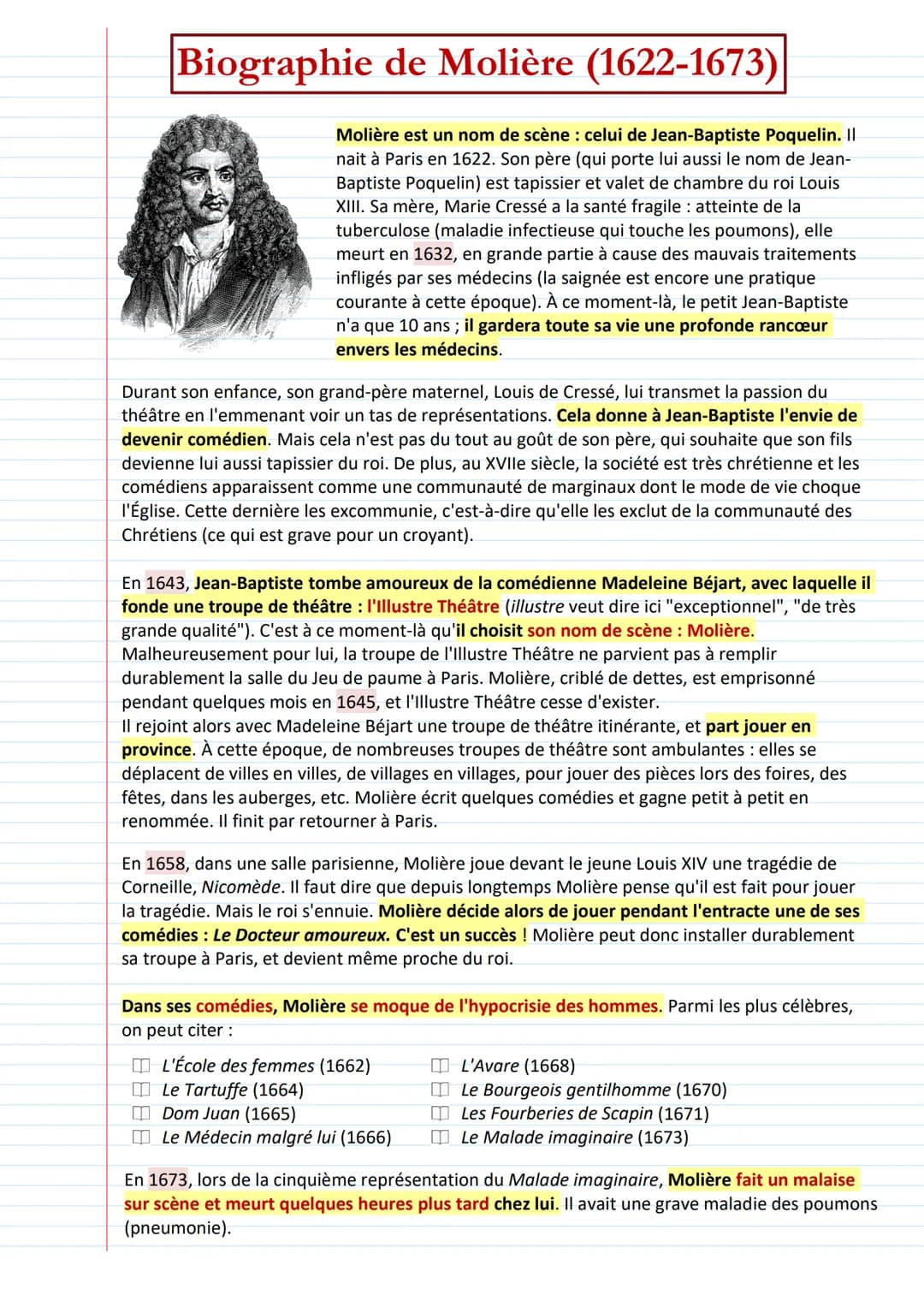 Biographie de Molière (1622-1673)
Molière est un nom de scène : celui de Jean-Baptiste Poquelin. Il
nait à Paris en 1622. Son père (qui port
