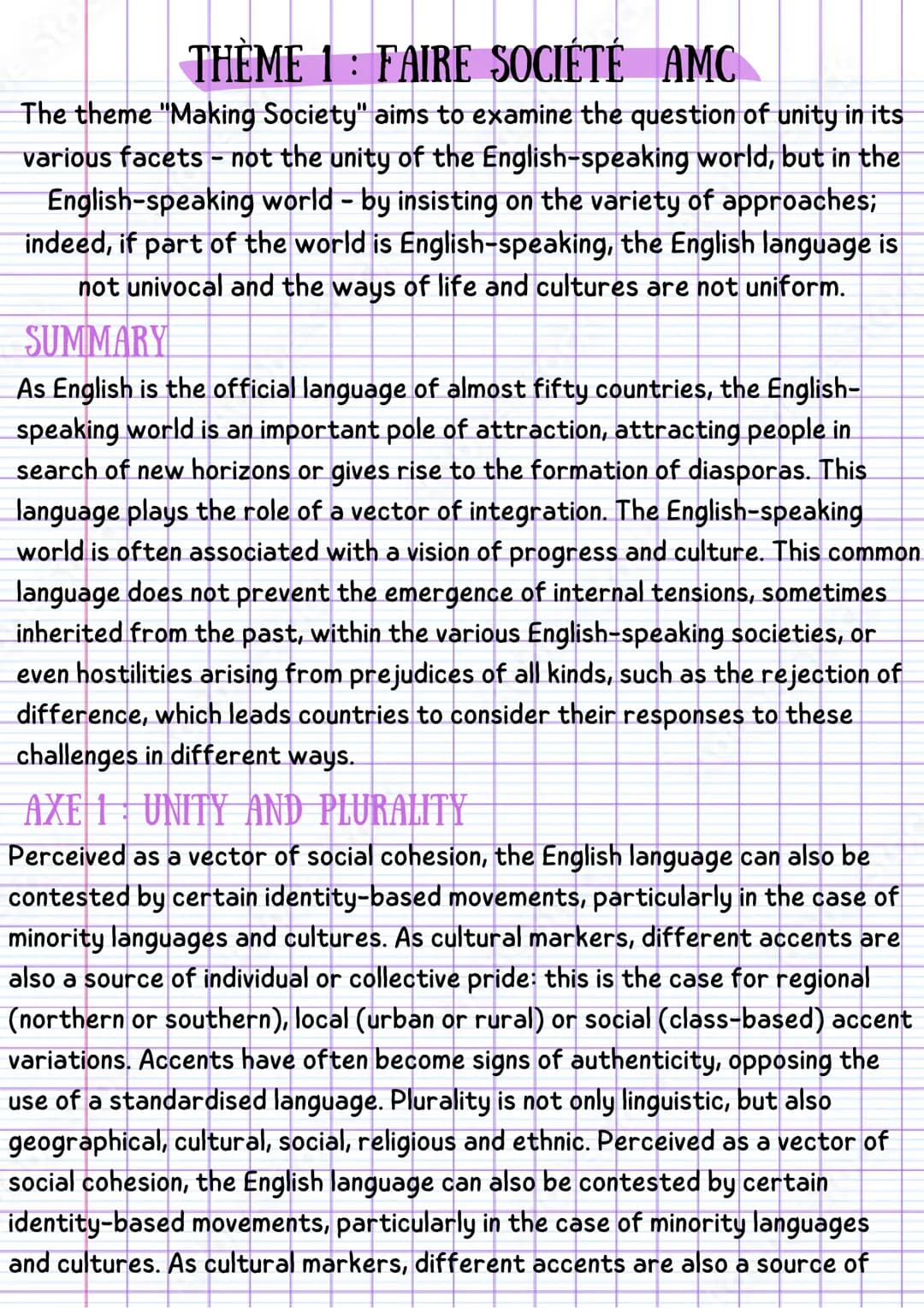 THÈME 1 FAIRE SOCIÉTÉ AMC
The theme "Making Society" aims to examine the question of unity in its
various facets - not the unity of the Engl